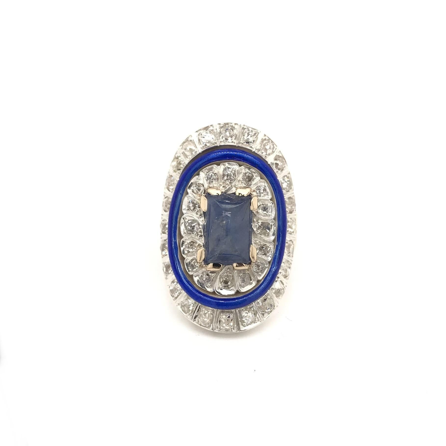 Antiker Art-Déco-Ring mit Diamant und Saphir-Emaille (Art déco) im Angebot