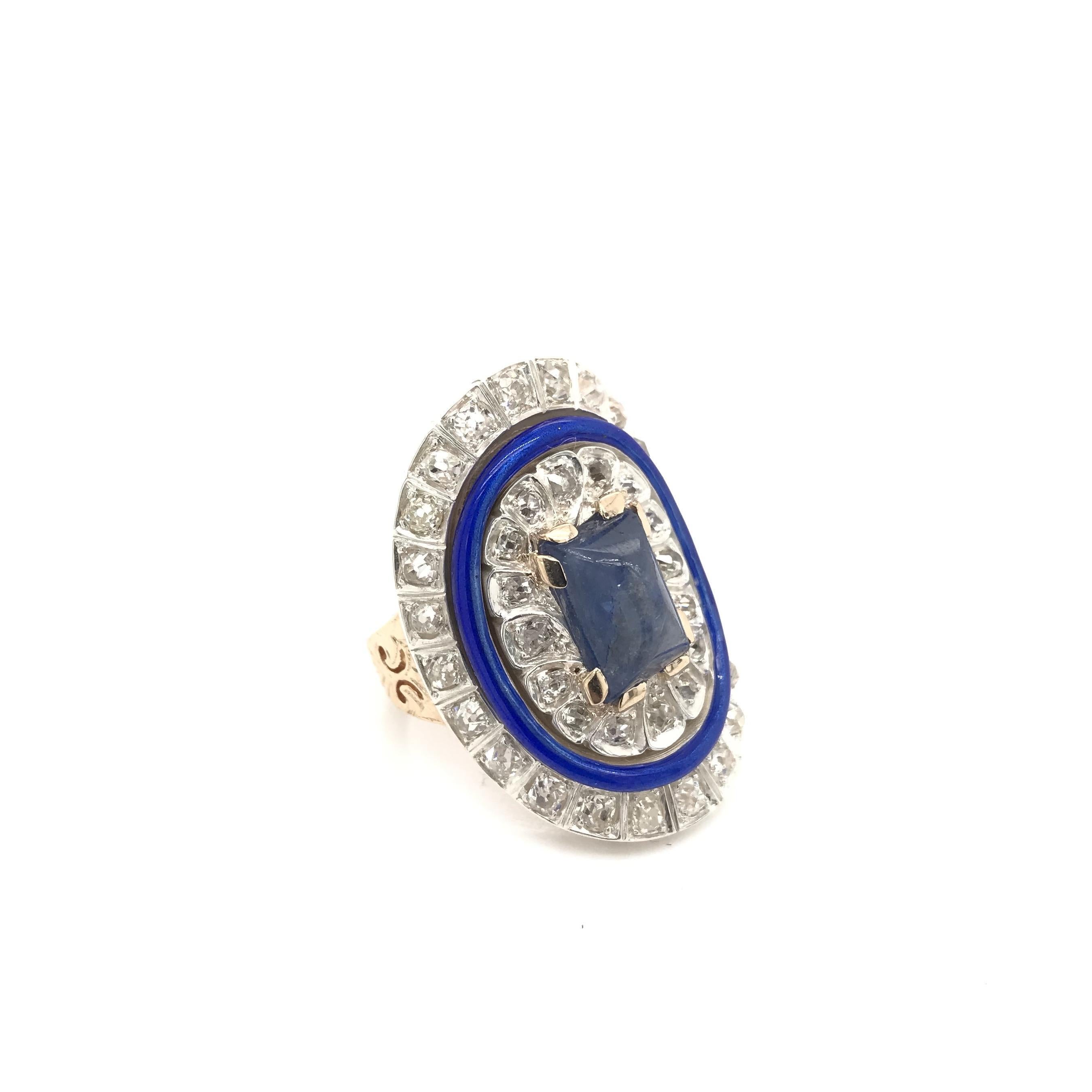 Antiker Art-Déco-Ring mit Diamant und Saphir-Emaille (Kegel-Cabochon) im Angebot