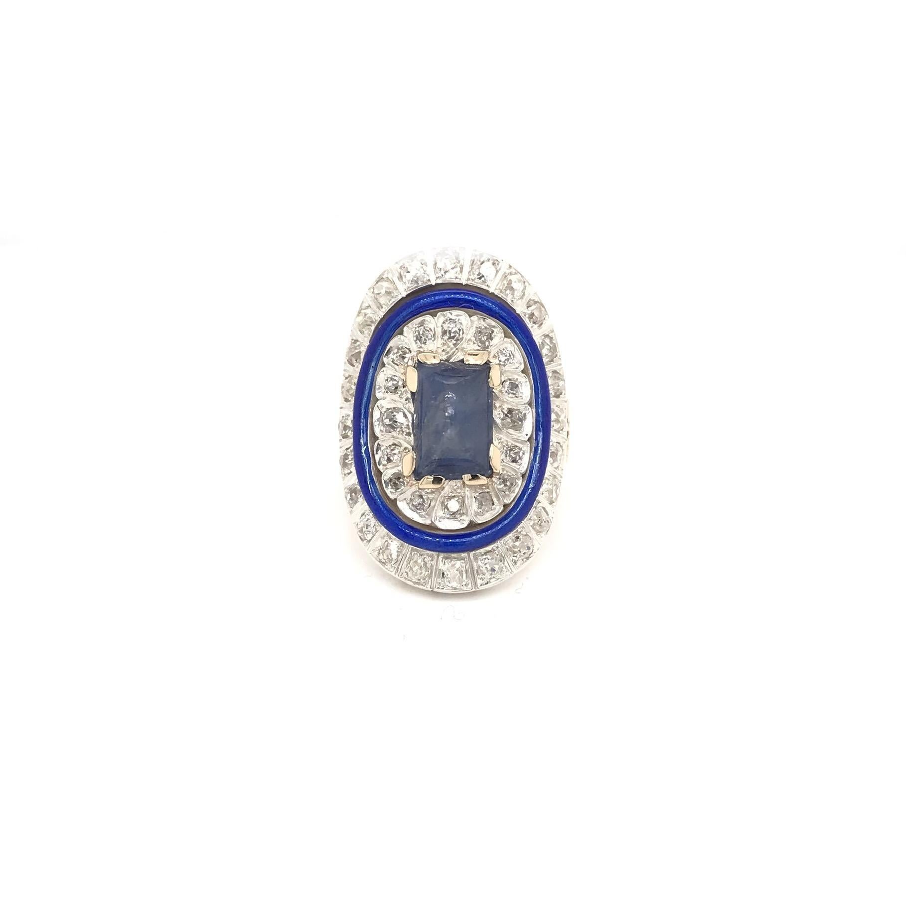 Antiker Art-Déco-Ring mit Diamant und Saphir-Emaille Damen im Angebot