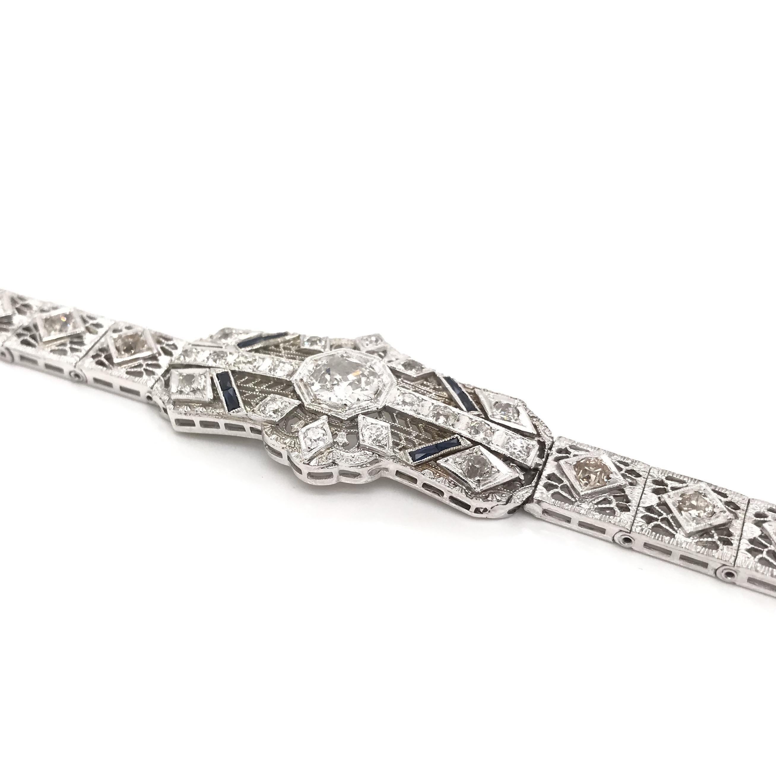 Old European Cut Antique Art Deco Diamond and Sapphire Filigree Bracelet