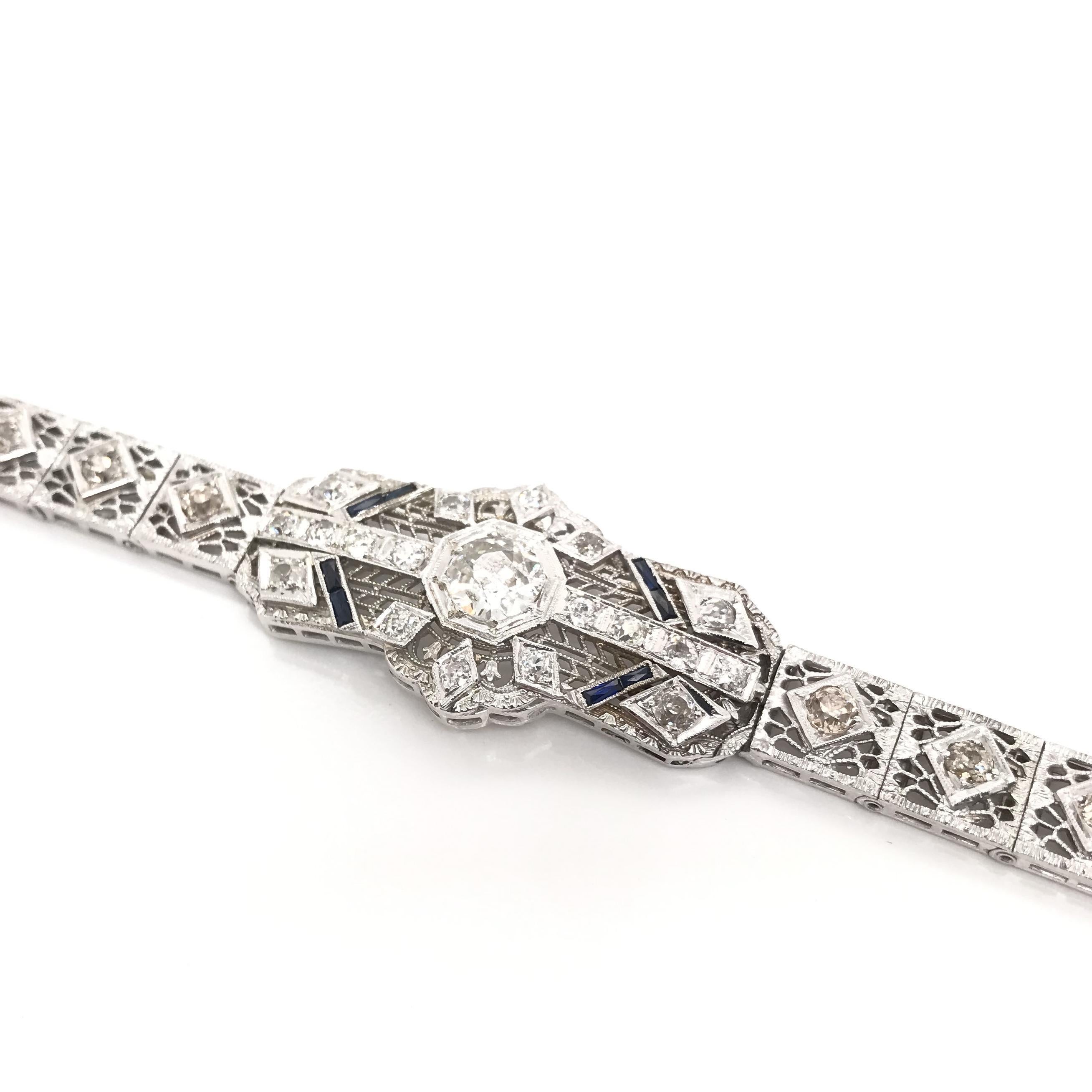 Antique Art Deco Diamond and Sapphire Filigree Bracelet In Excellent Condition In Montgomery, AL