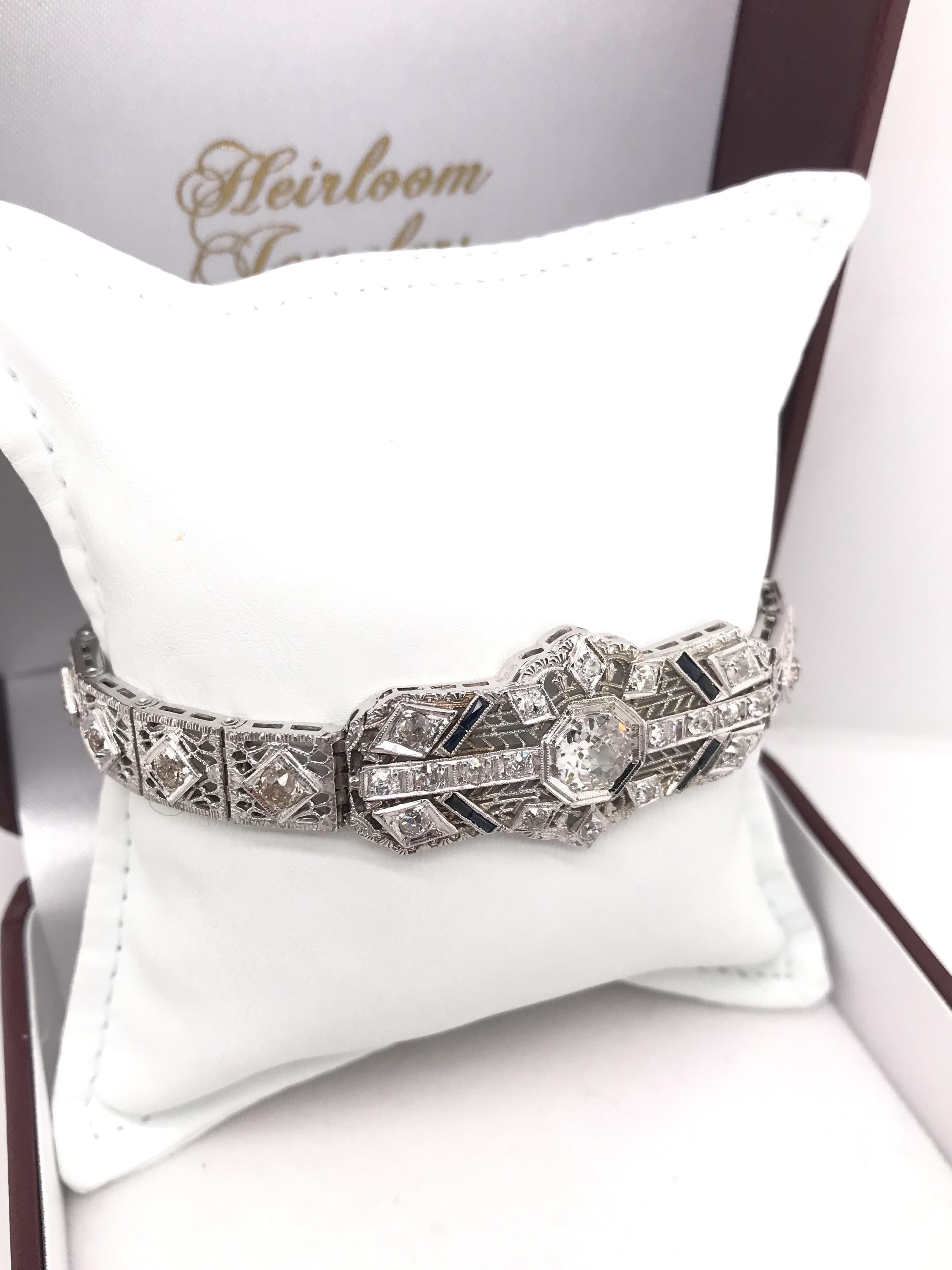 Women's Antique Art Deco Diamond and Sapphire Filigree Bracelet
