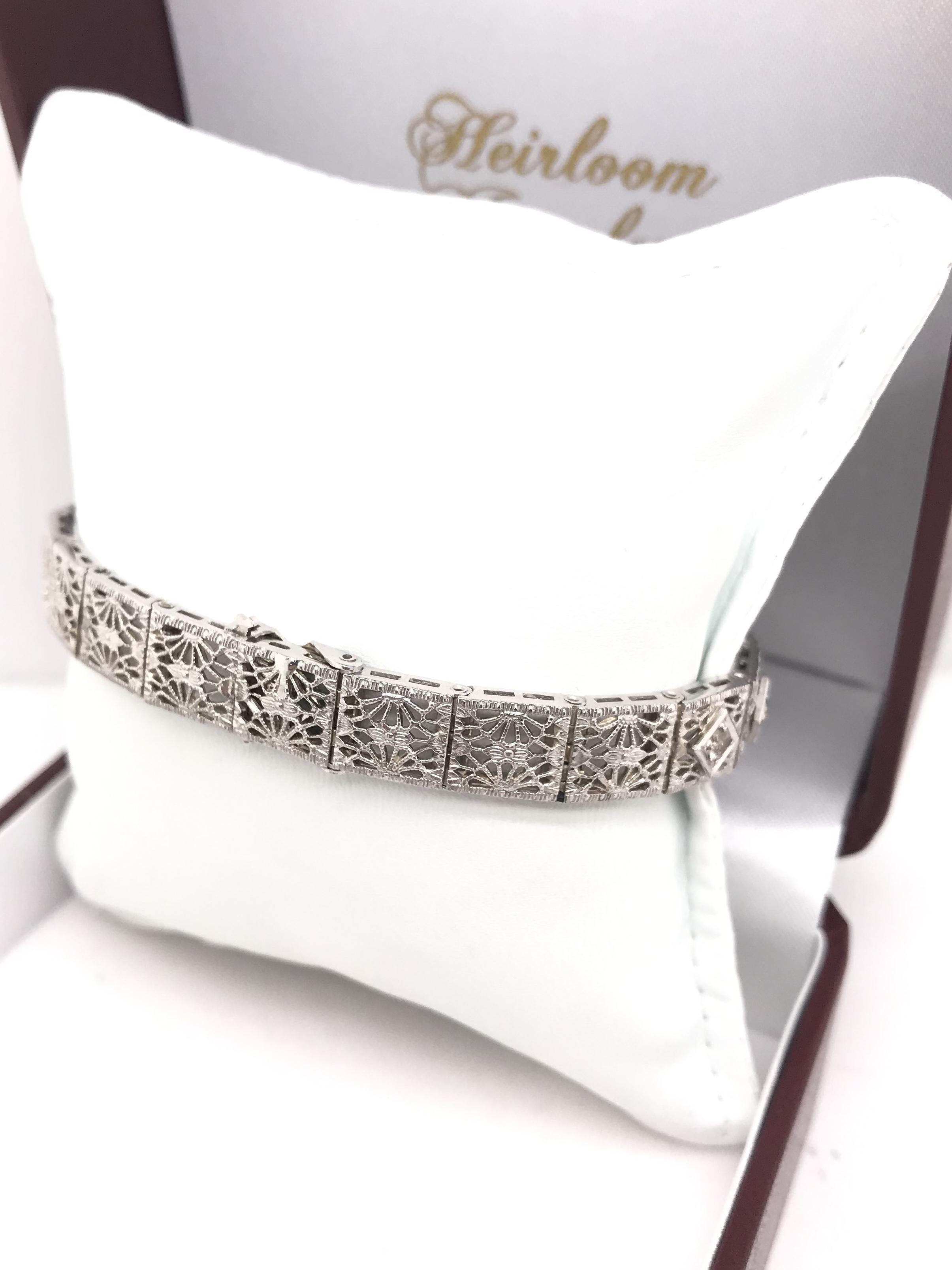Antique Art Deco Diamond and Sapphire Filigree Bracelet 1