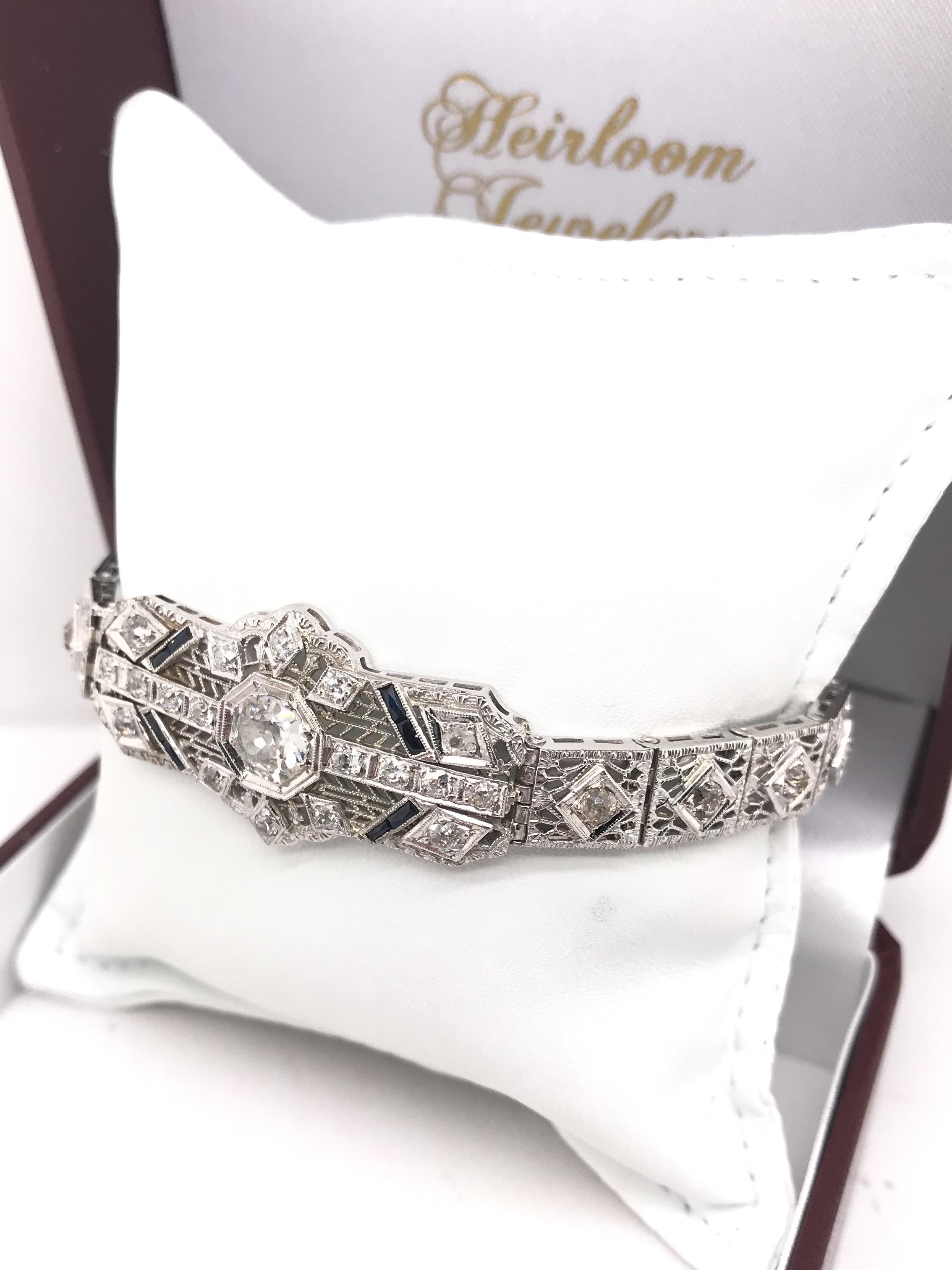 Antique Art Deco Diamond and Sapphire Filigree Bracelet 2