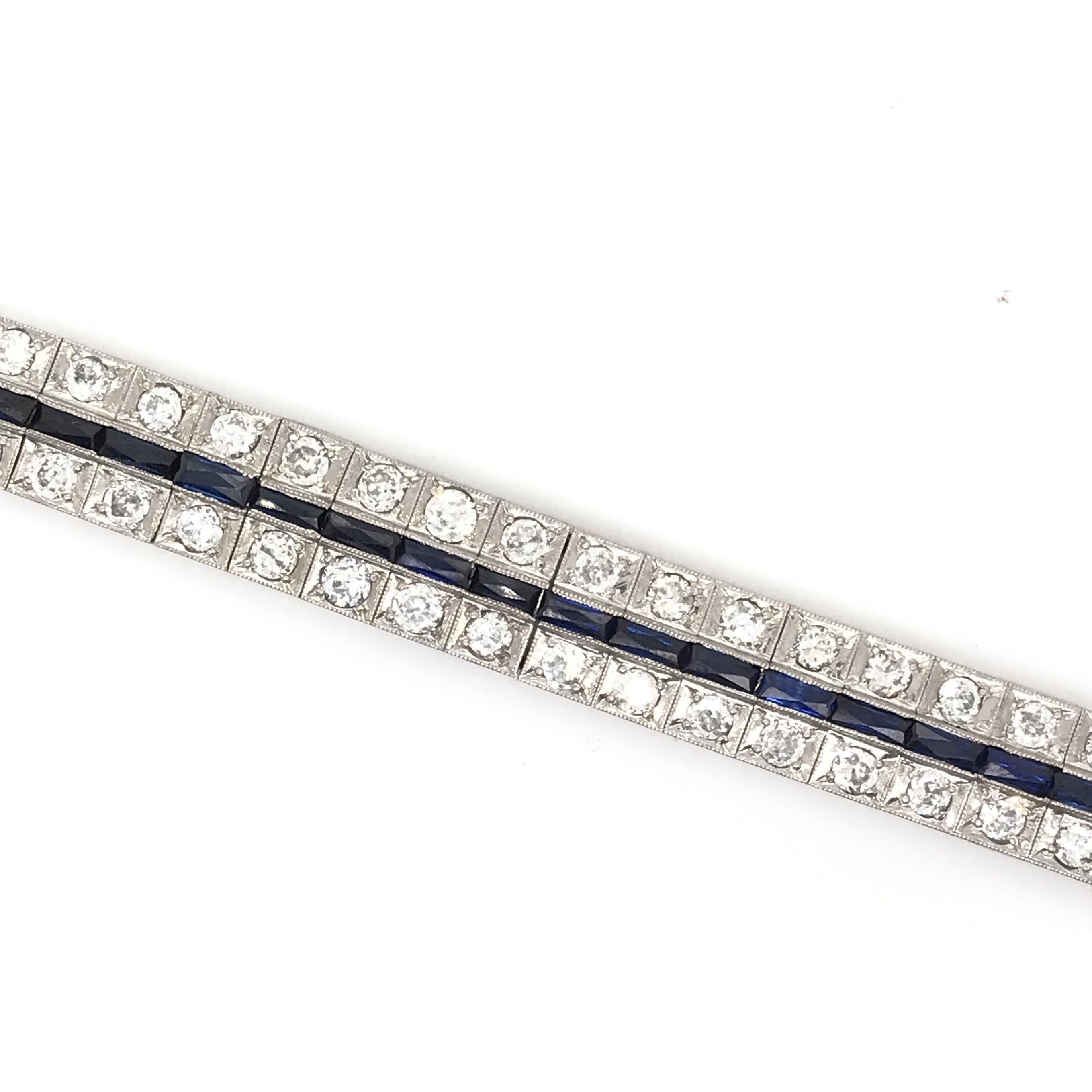 Old European Cut Antique Art Deco Diamond and Sapphire Line Bracelet For Sale