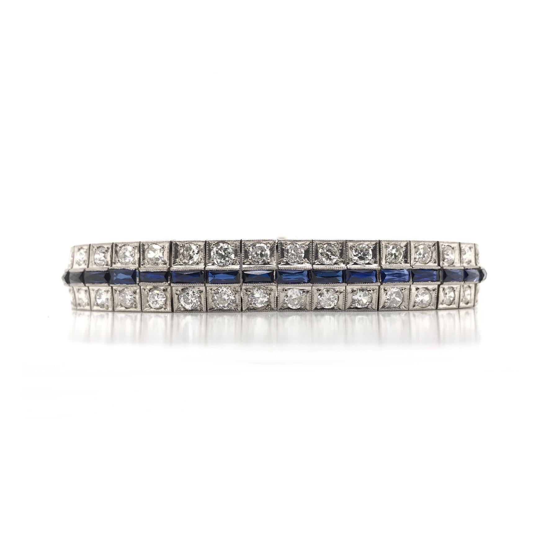 Women's Antique Art Deco Diamond and Sapphire Line Bracelet For Sale