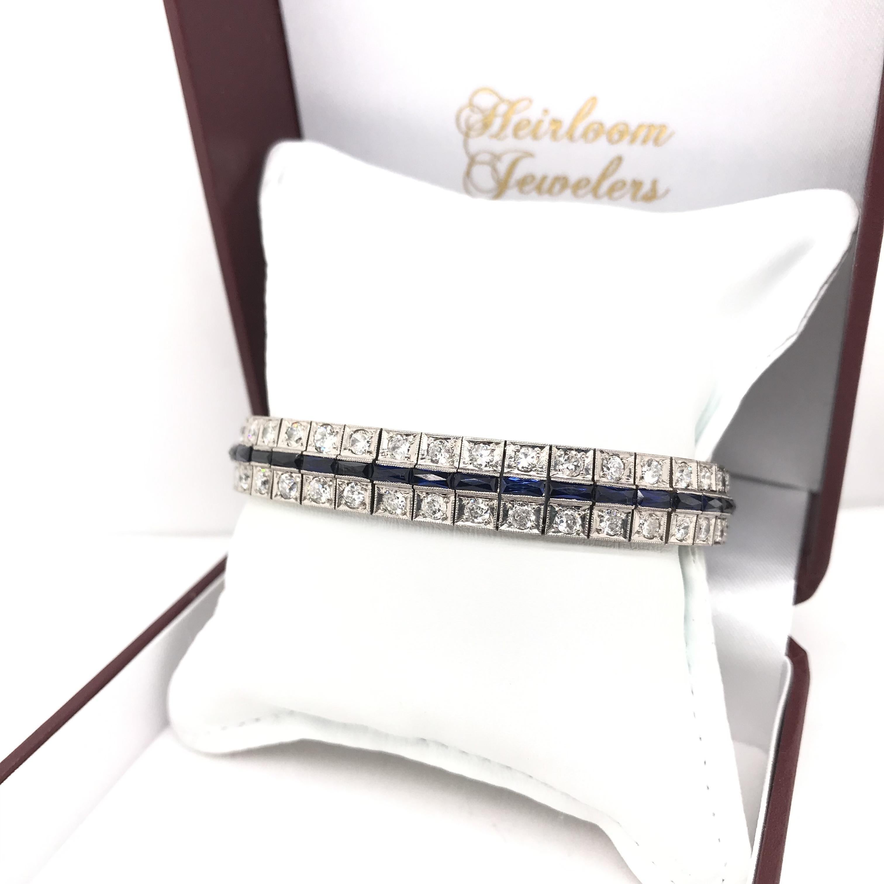 Antique Art Deco Diamond and Sapphire Line Bracelet For Sale 1