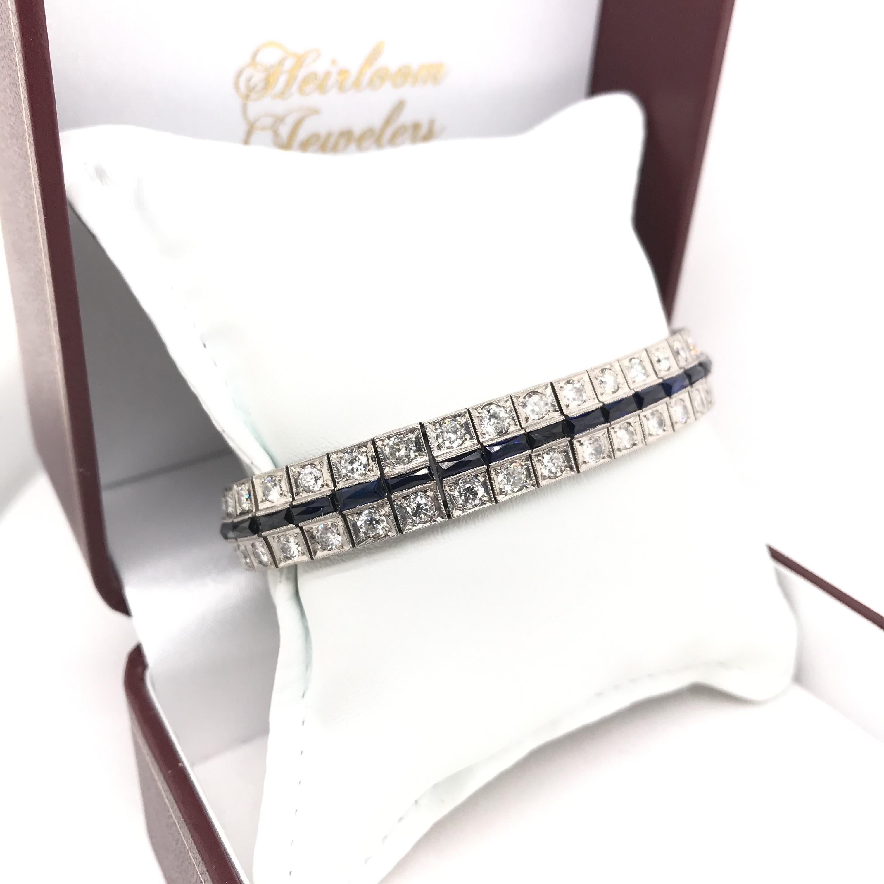 Bracelet Art déco ancien ligne diamant et saphir en vente 2