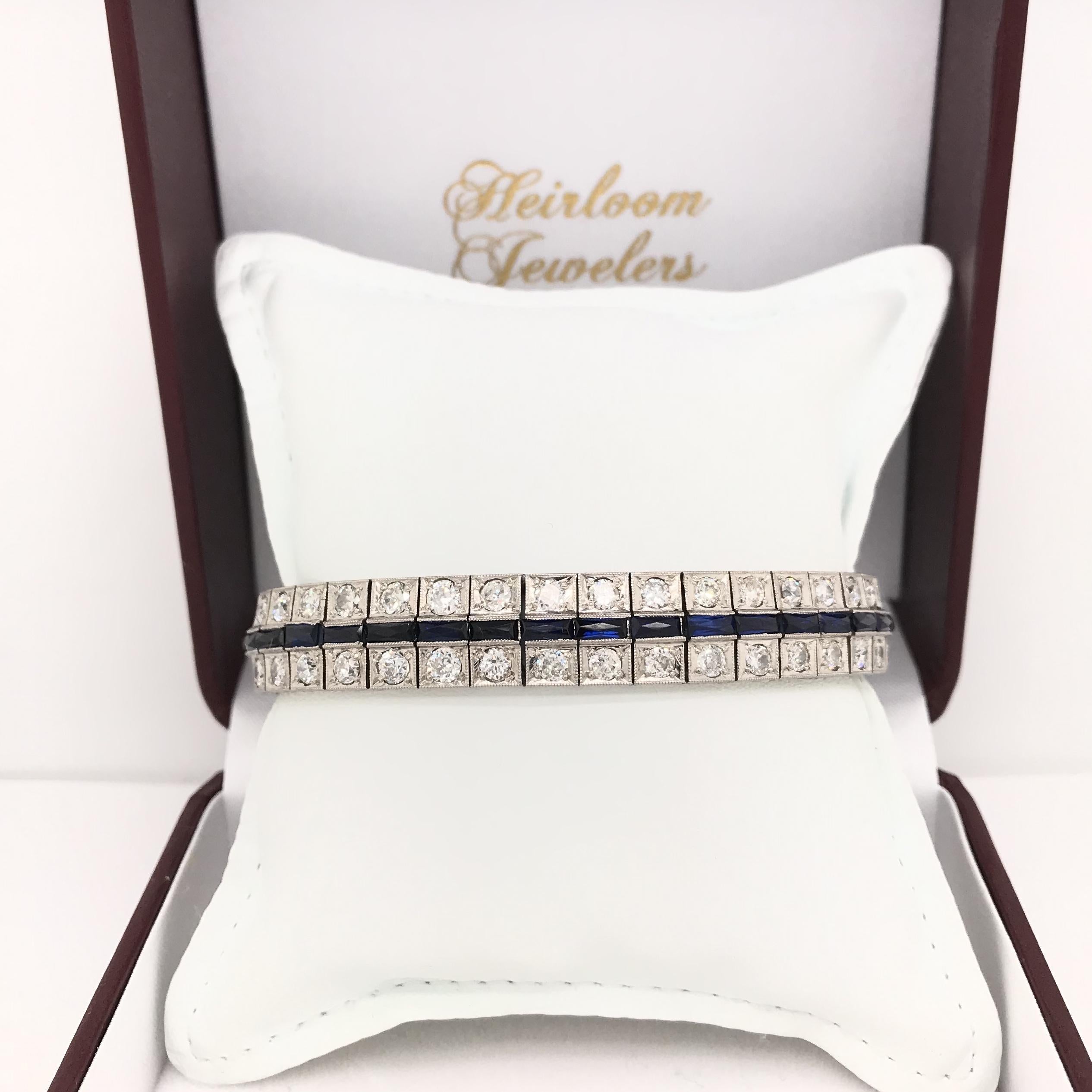 Antique Art Deco Diamond and Sapphire Line Bracelet For Sale 3