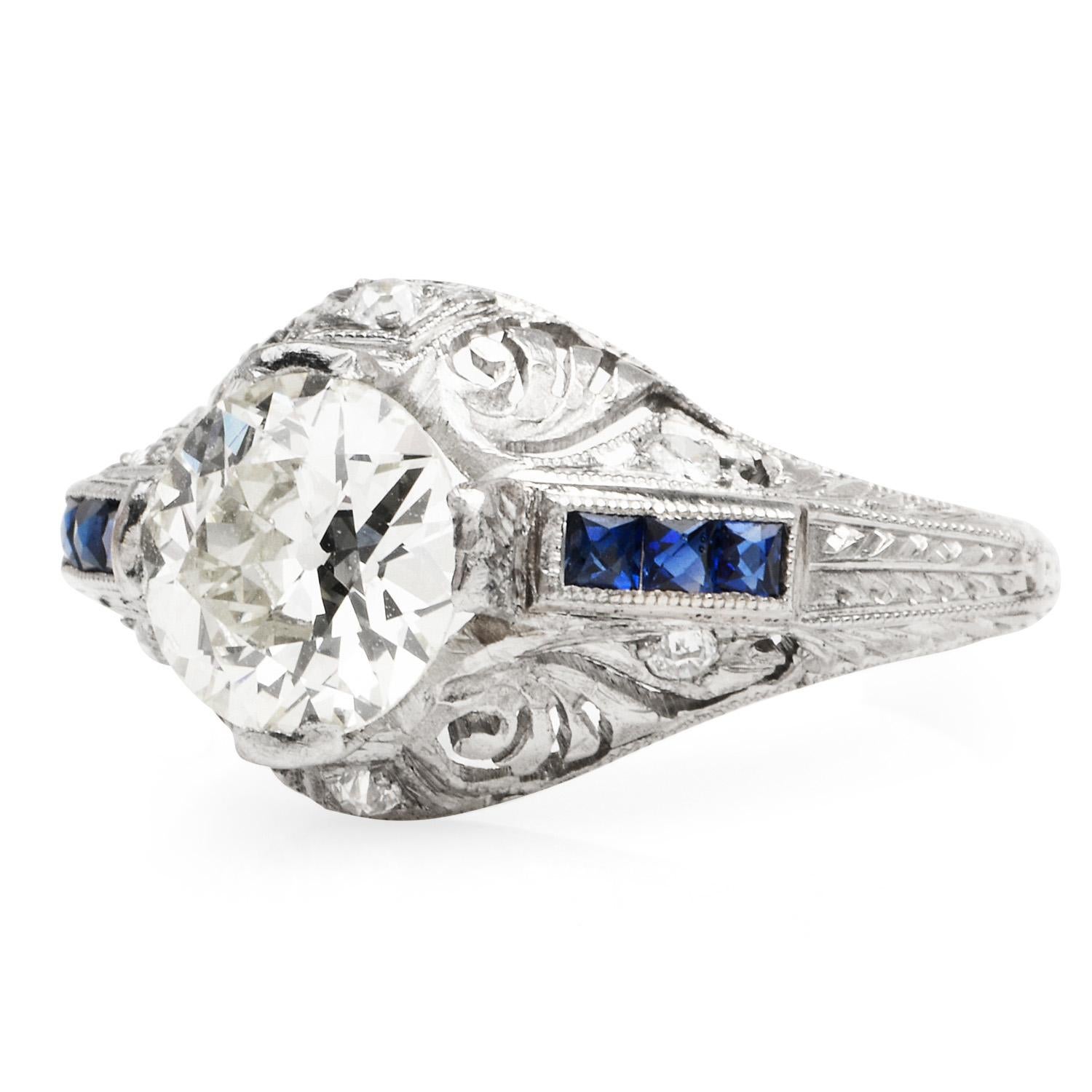 Old European Cut Antique Art Deco Diamond Blue Sapphire Filigree Engagement Ring For Sale