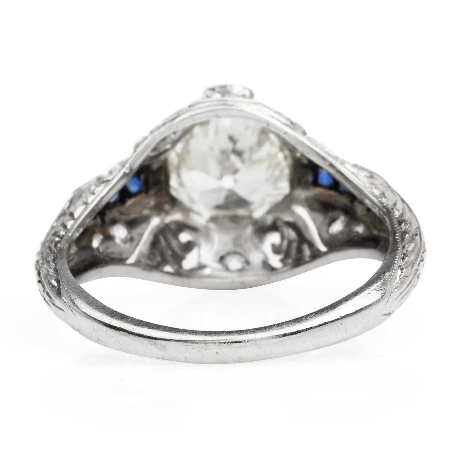 Antique Art Deco Diamond Blue Sapphire Filigree Engagement Ring In Excellent Condition For Sale In Miami, FL