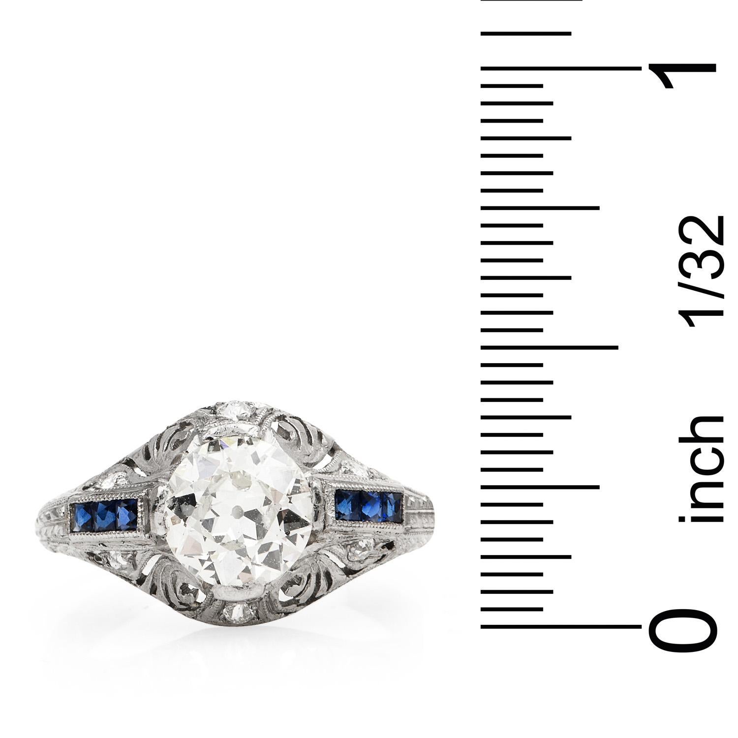 Women's or Men's Antique Art Deco Diamond Blue Sapphire Filigree Engagement Ring For Sale