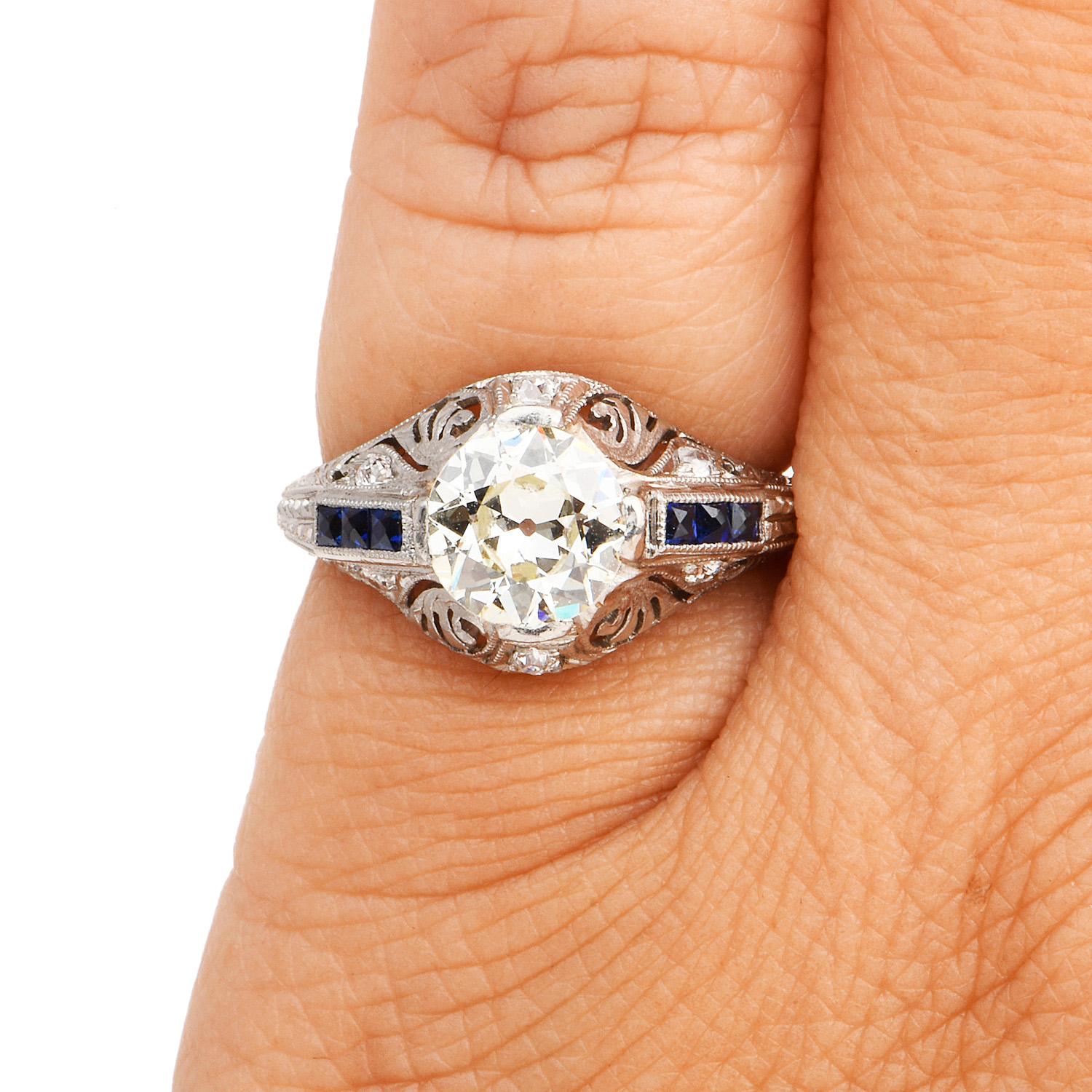 Antique Art Deco Diamond Blue Sapphire Filigree Engagement Ring 1