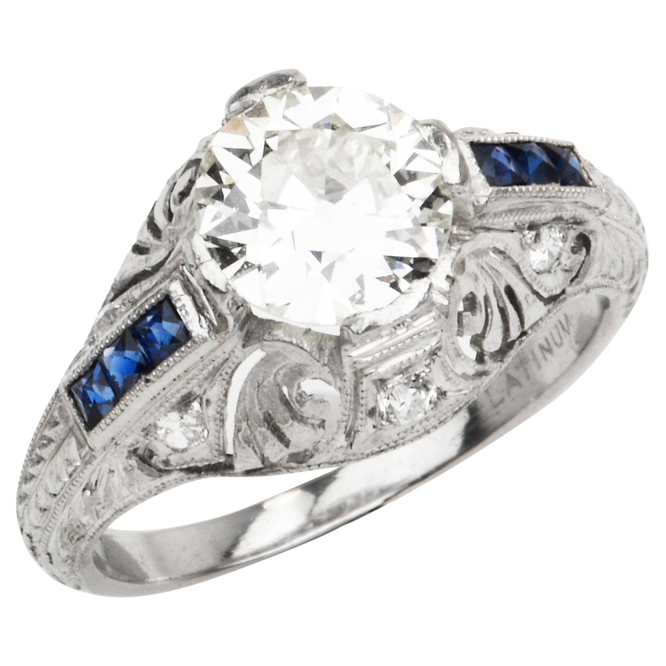 Antique Art Deco Diamond Blue Sapphire Filigree Engagement Ring For Sale