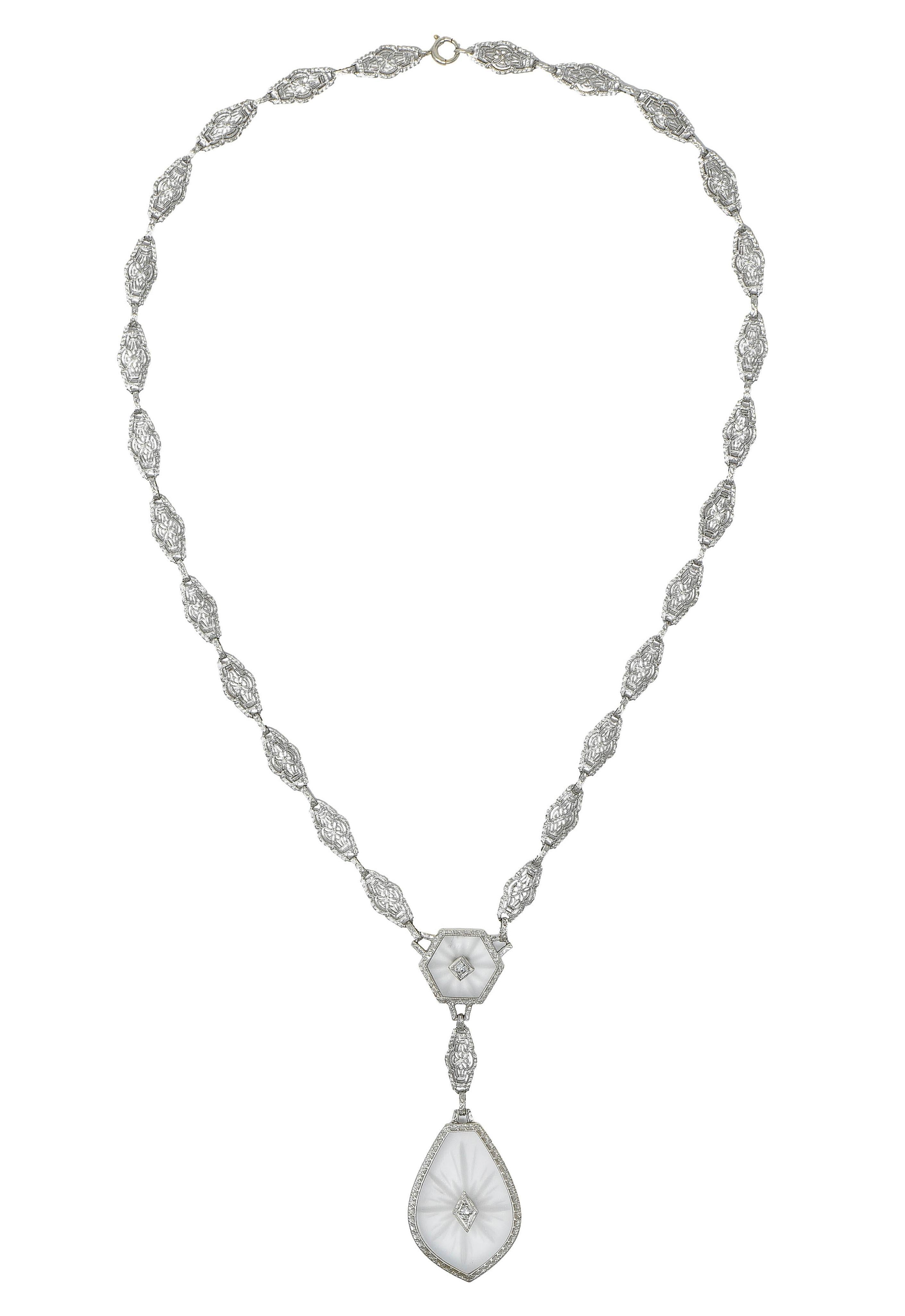 Antique Art Deco Diamond Camphor Glass Platinum 14K White Gold Drop Necklace For Sale 6