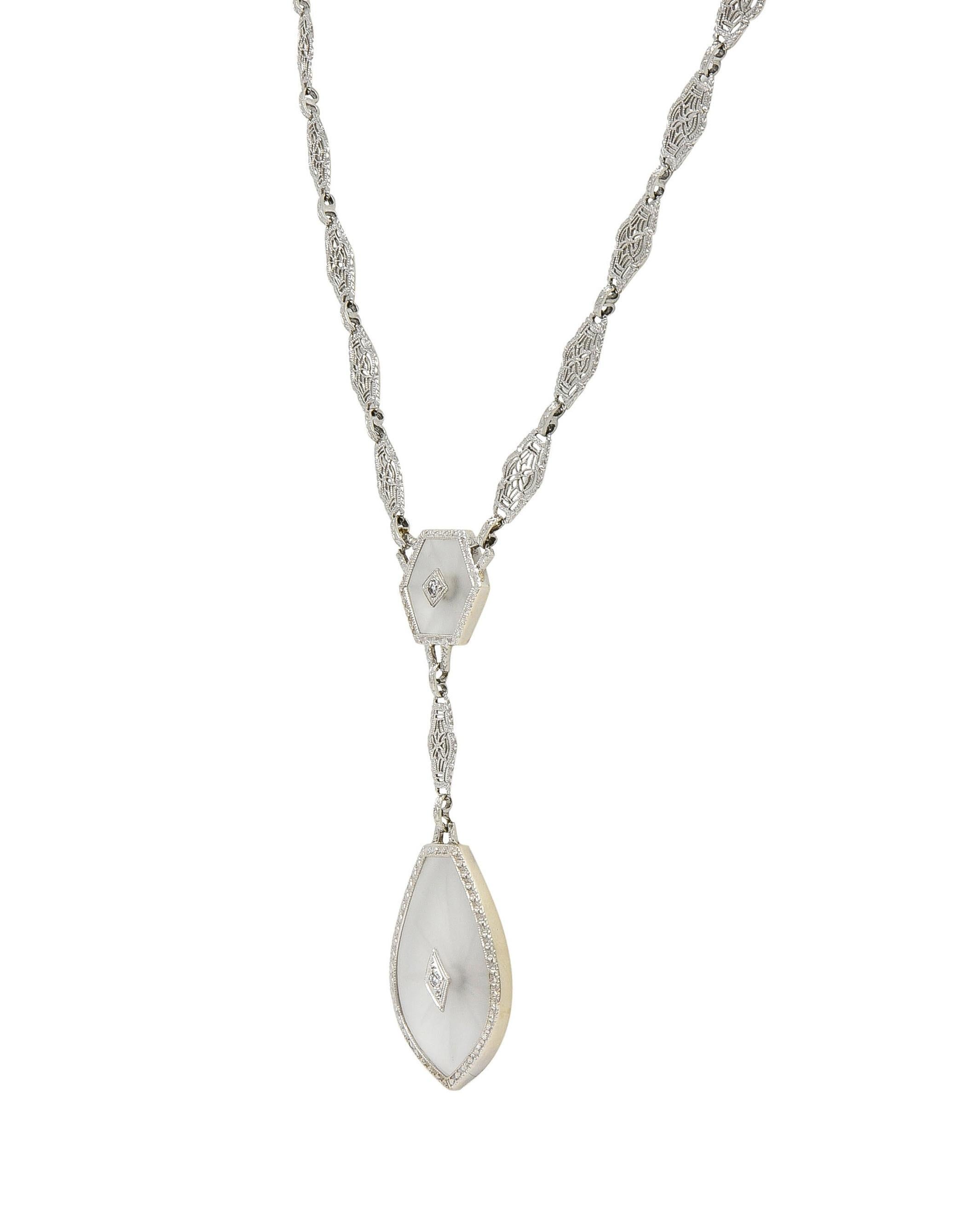 Antique Art Deco Diamond Camphor Glass Platinum 14K White Gold Drop Necklace In Excellent Condition For Sale In Philadelphia, PA