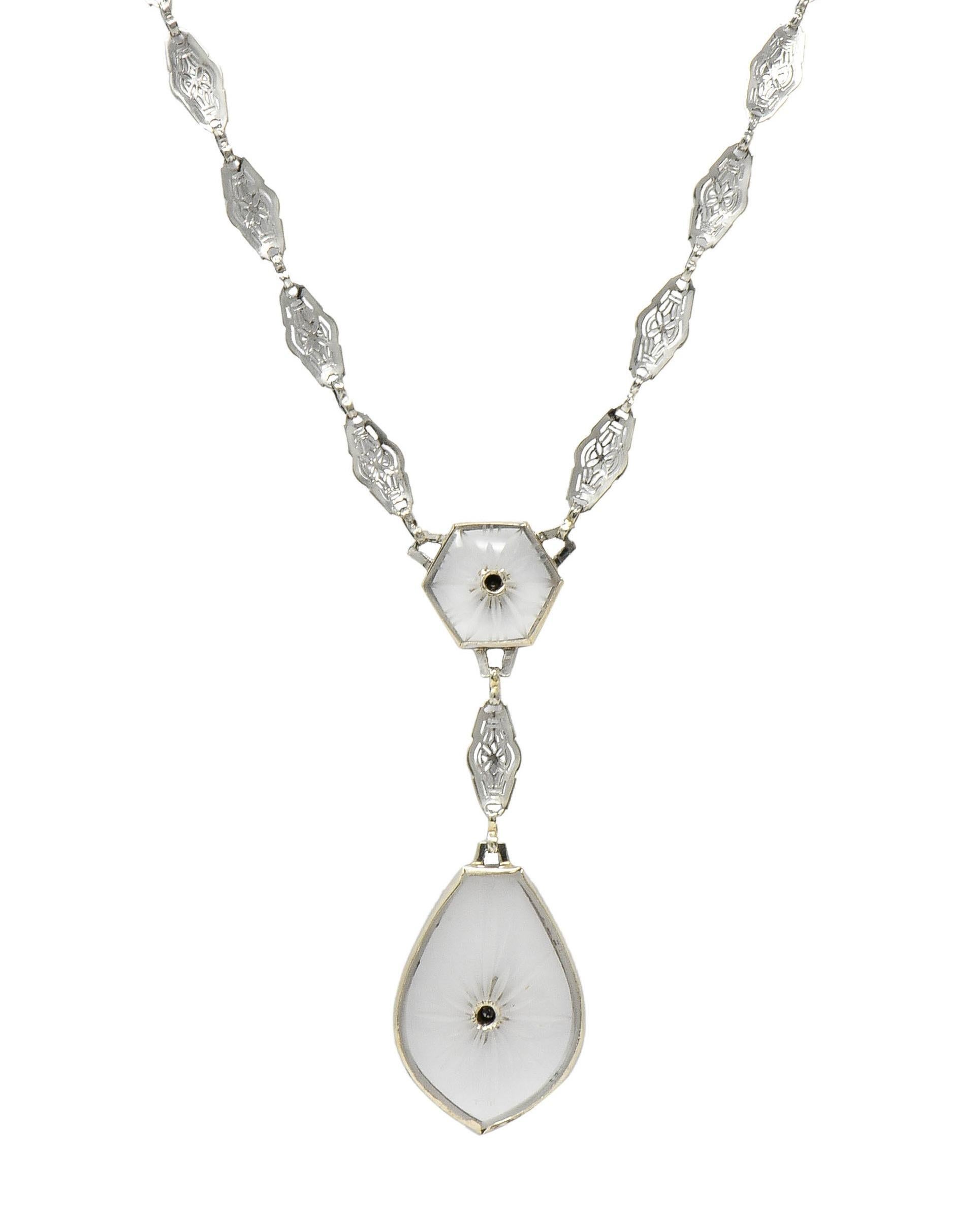 Women's or Men's Antique Art Deco Diamond Camphor Glass Platinum 14K White Gold Drop Necklace For Sale
