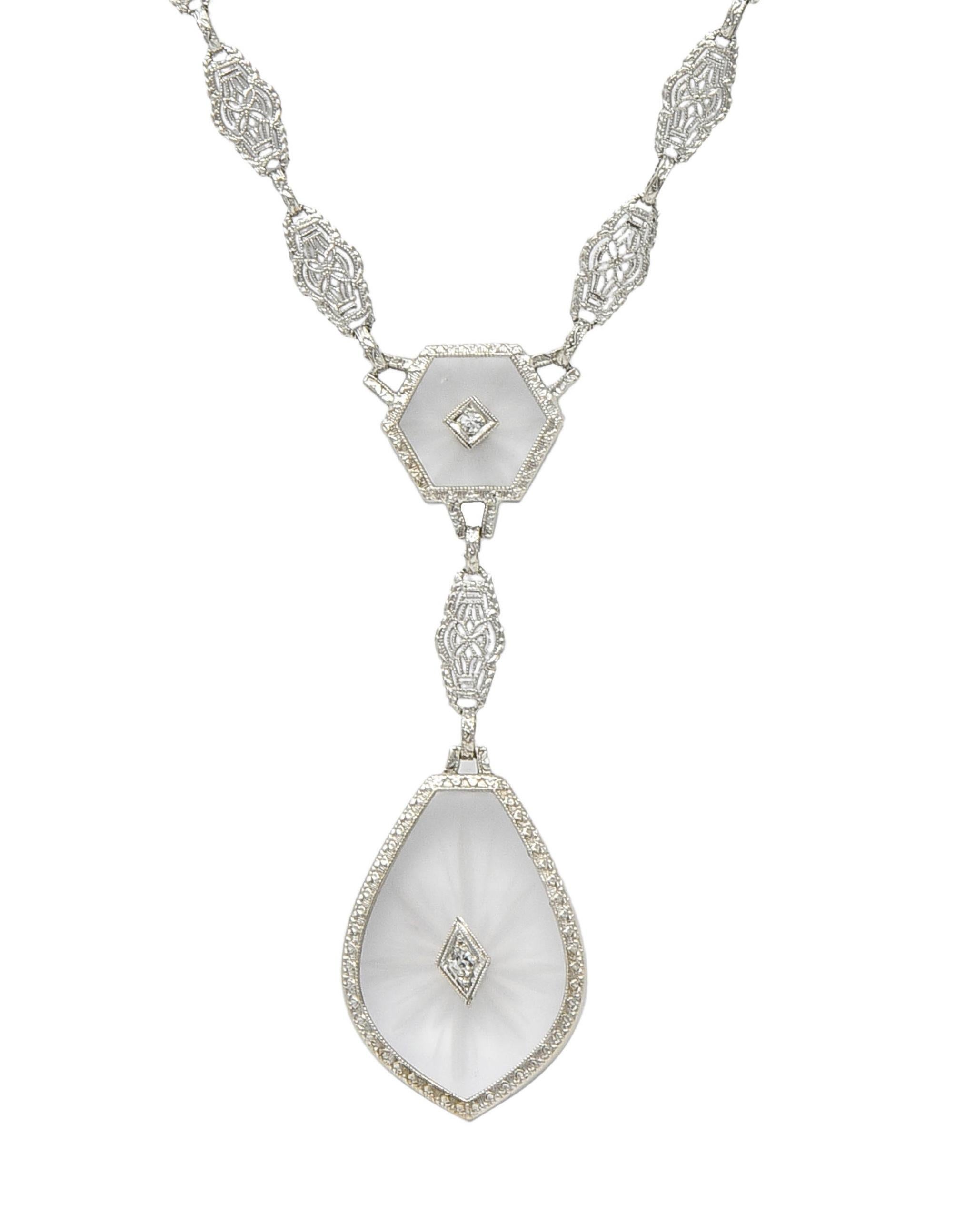 Antique Art Deco Diamond Camphor Glass Platinum 14K White Gold Drop Necklace For Sale 1