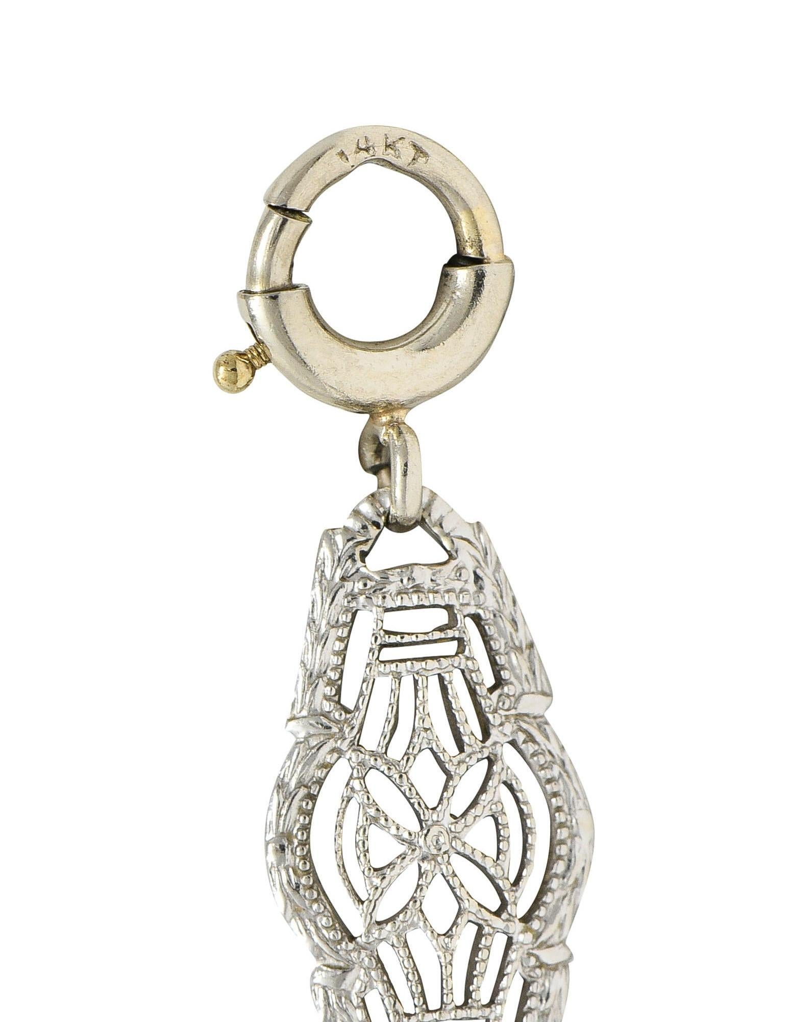 Antique Art Deco Diamond Camphor Glass Platinum 14K White Gold Drop Necklace For Sale 2