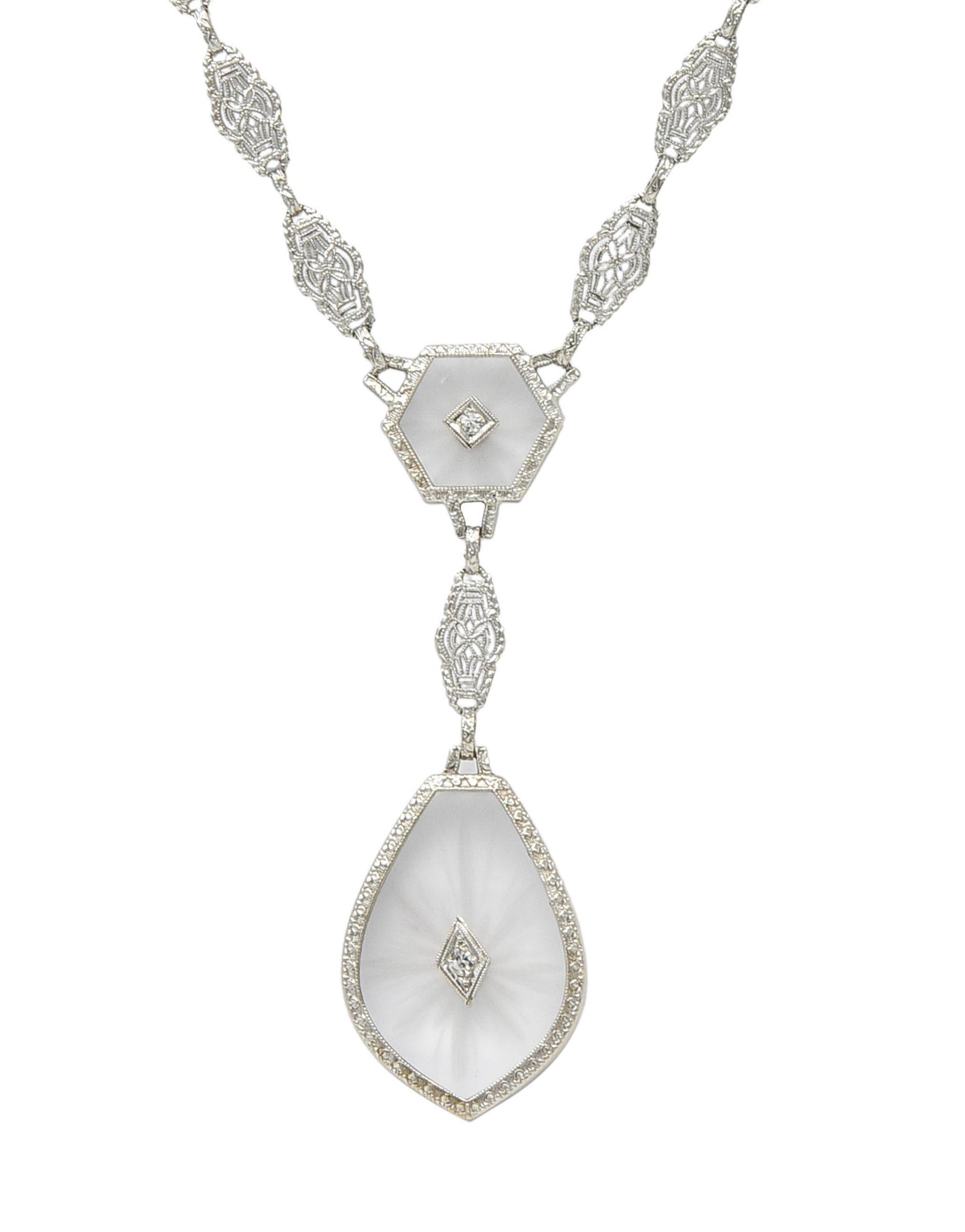 da uomo o donna Collana a goccia in oro bianco 14K e platino con diamante e canfora in stile antico Art Deco in vendita