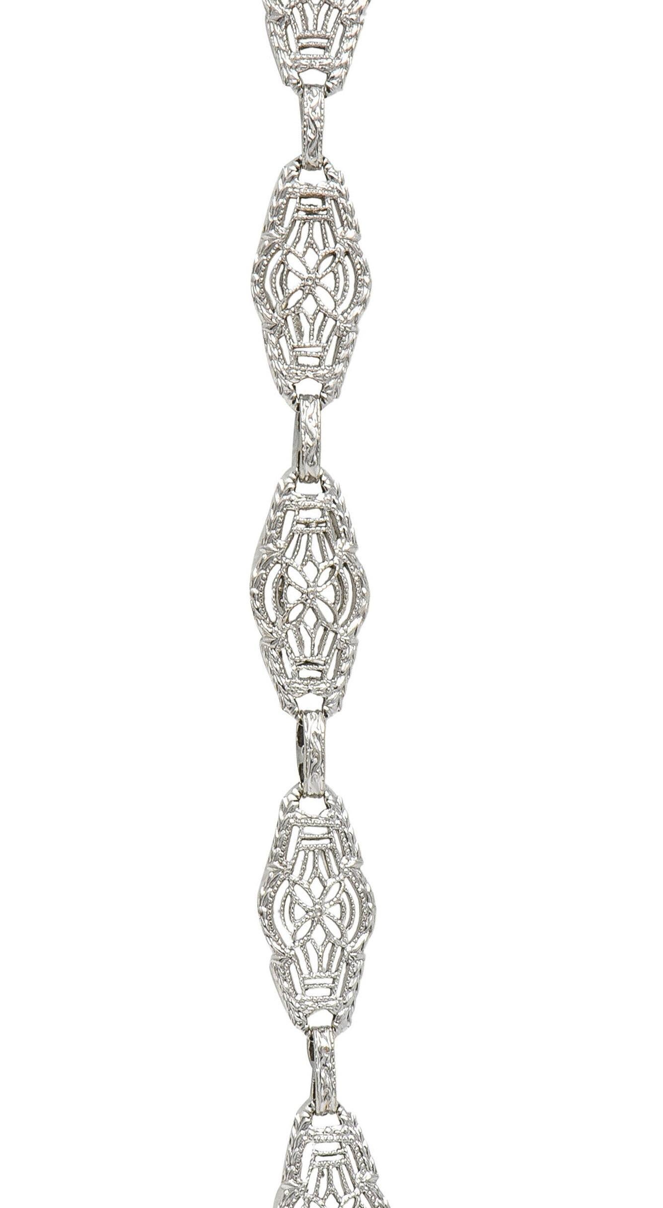 Antique Art Deco Diamond Camphor Glass Platinum 14K White Gold Drop Necklace For Sale 3
