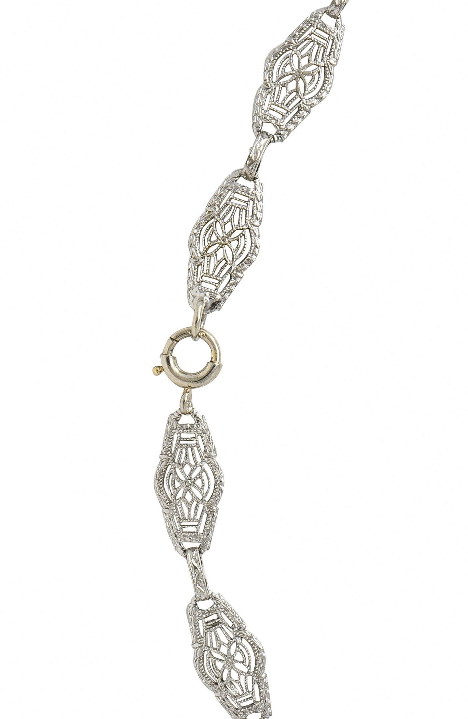 Antique Art Deco Diamond Camphor Glass Platinum 14K White Gold Drop Necklace For Sale 4
