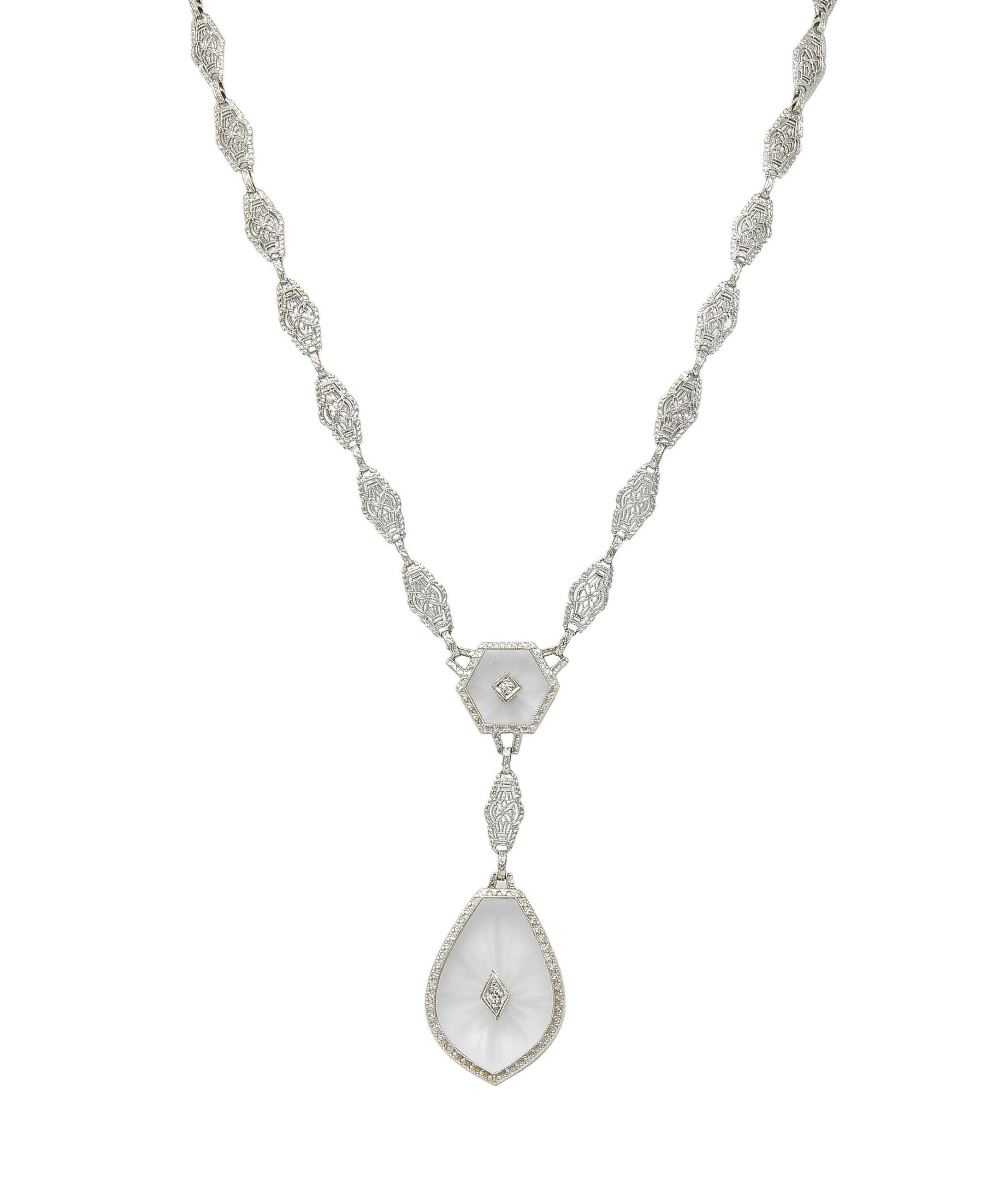 Antique Art Deco Diamond Camphor Glass Platinum 14K White Gold Drop Necklace For Sale 5