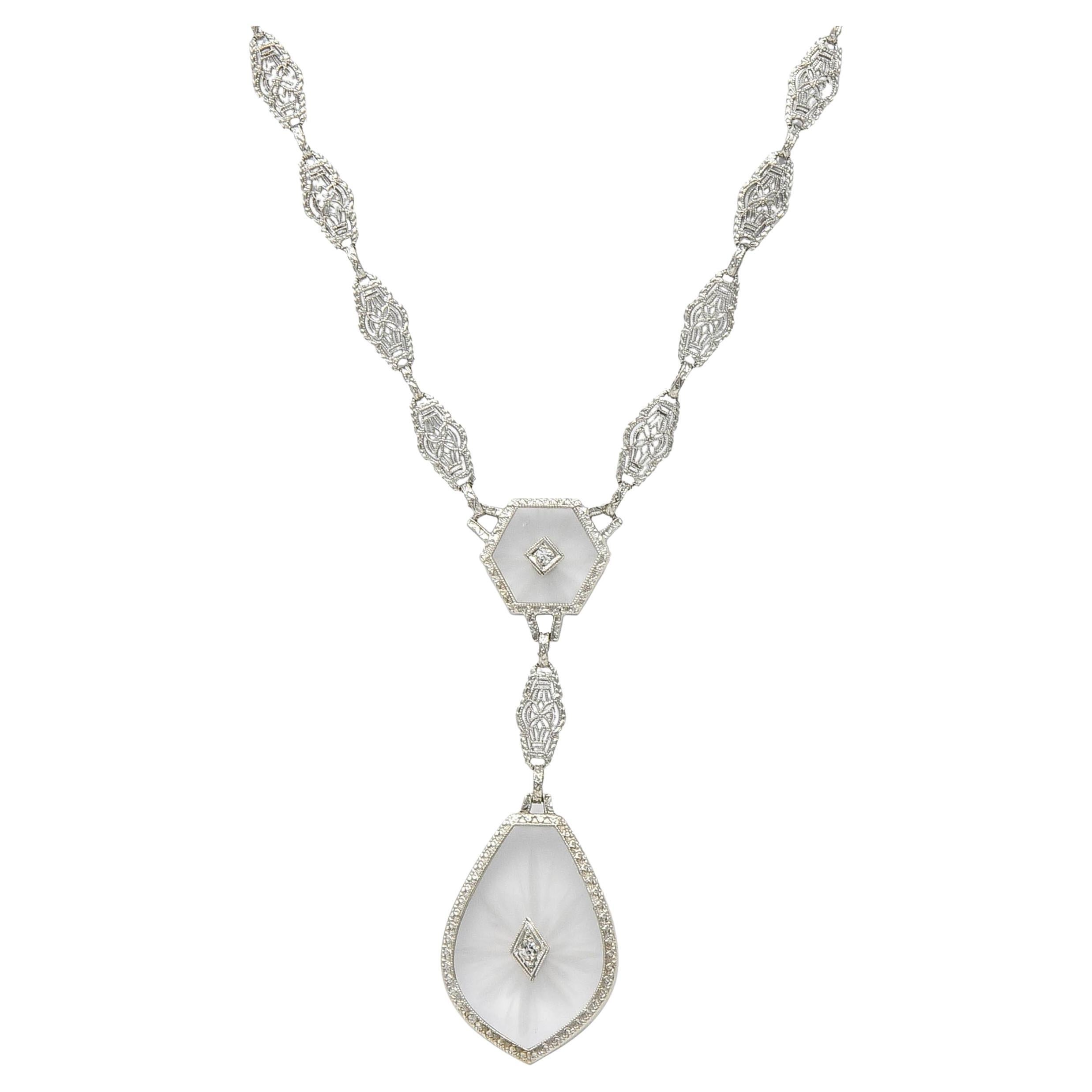 Antique Art Deco Diamond Camphor Glass Platinum 14K White Gold Drop Necklace For Sale