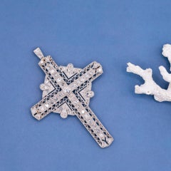 Antique Art Deco Diamond Cross Pendant – 18K White Gold Platinum religious Charm