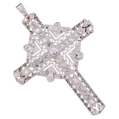 Antique Art Deco Diamond Cross Pendant – 18K White Gold Platinum religious Charm