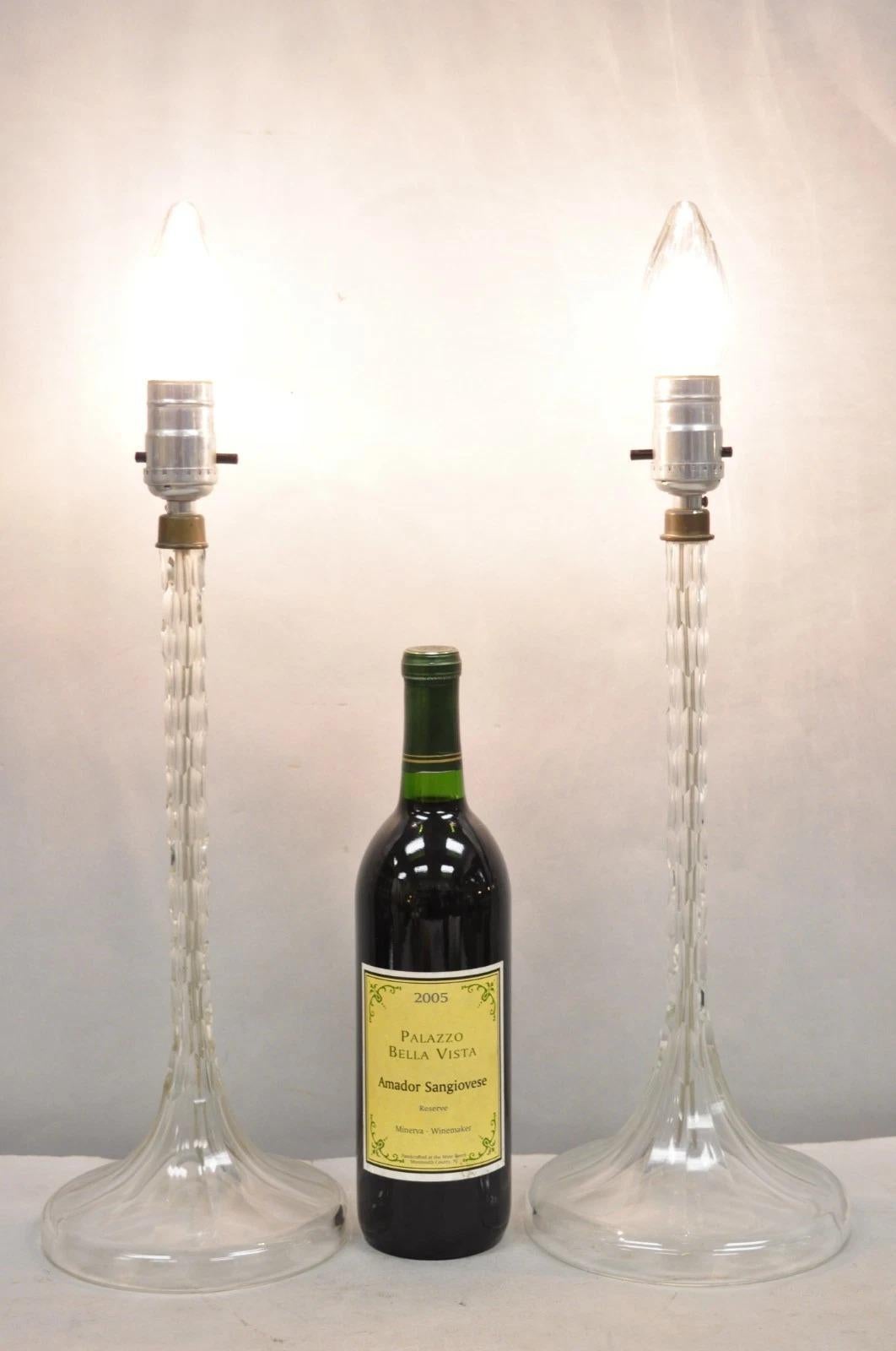 Antique Art Deco Diamond Cut Glass Column Small Petite Boudoir Table Lamps - a Pair. Circa Early 20th Century. Measurements: 16.5