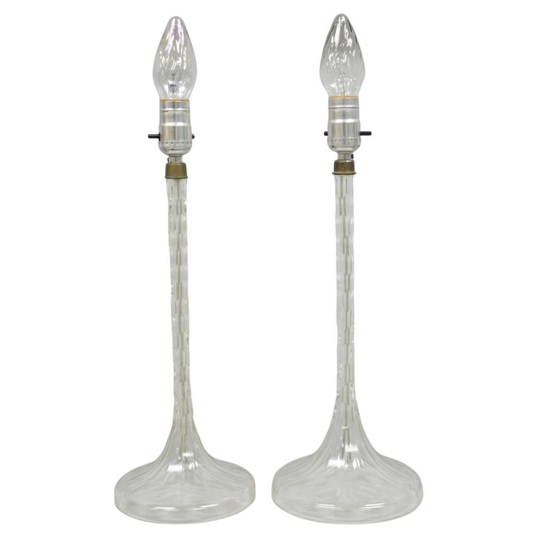 Antique Art Deco Diamond Cut Glass Column Small Petite Boudoir Table Lamps Pair
