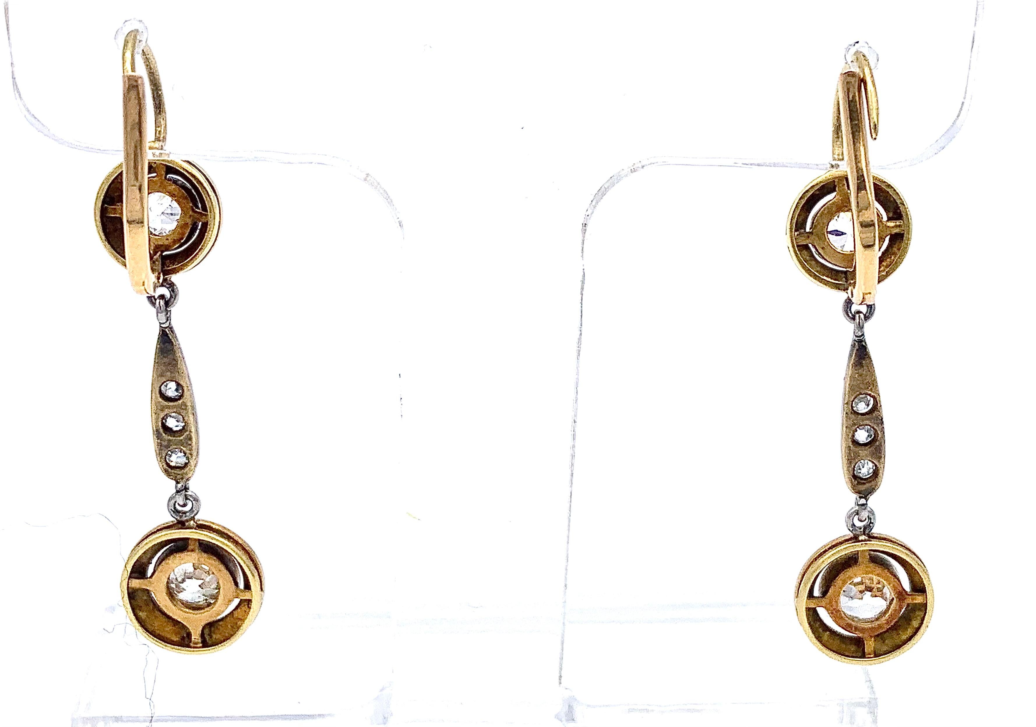Old European Cut Antique Art Deco Diamond Dangle Drop Earrings Platinum 18 Karat Yellow Gold  For Sale