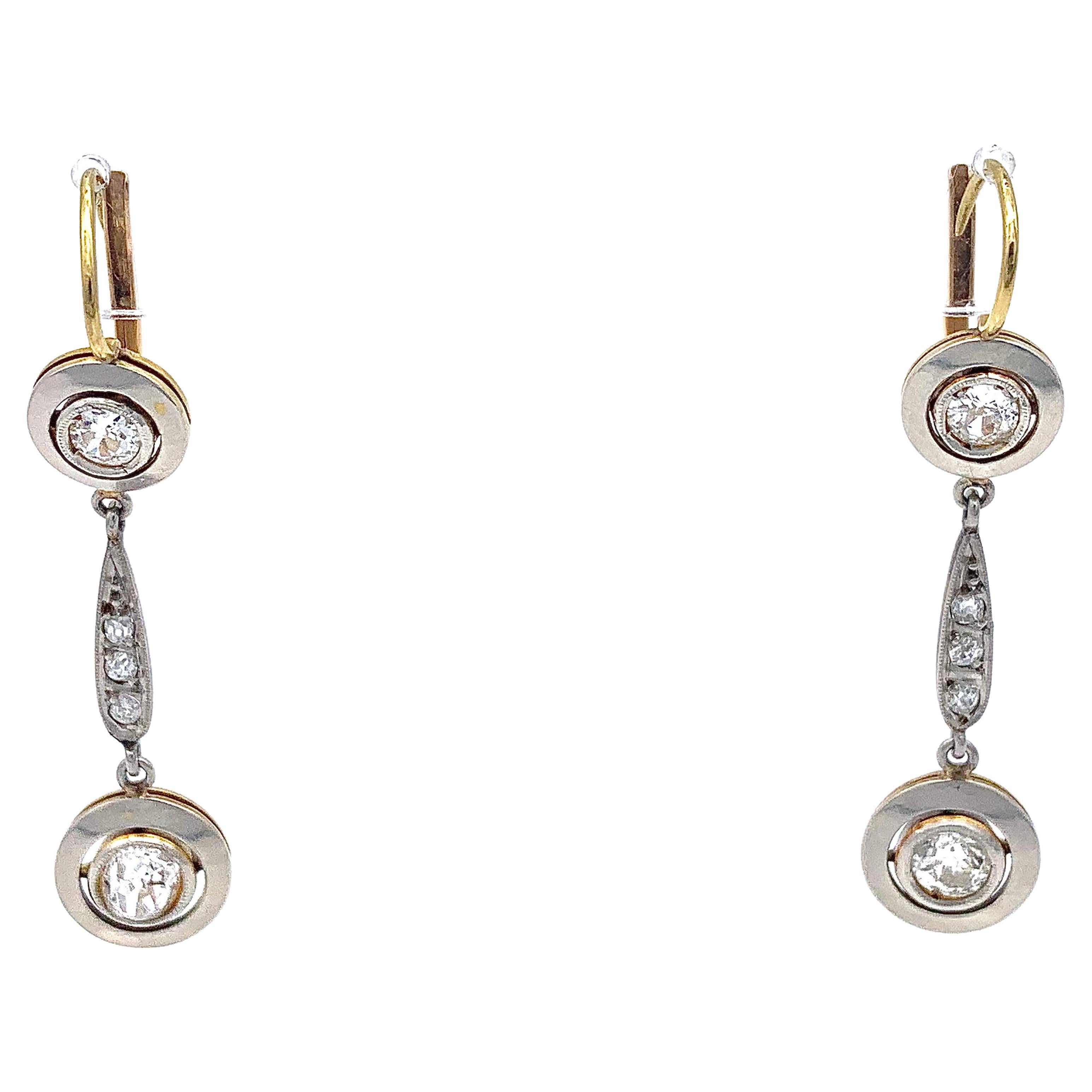 Antique Art Deco Diamond Dangle Drop Earrings Platinum 18 Karat Yellow Gold For Sale