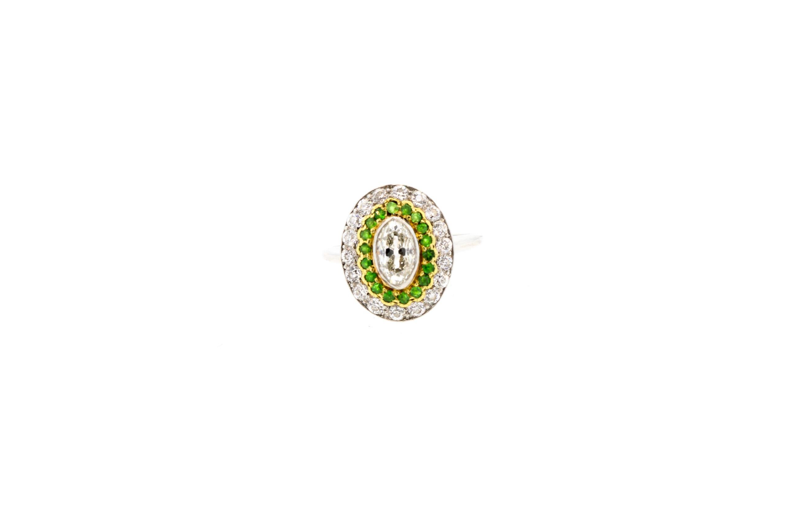 Women's or Men's Antique Art Deco Diamond Demantoid Garnet Navette Platinum Ring