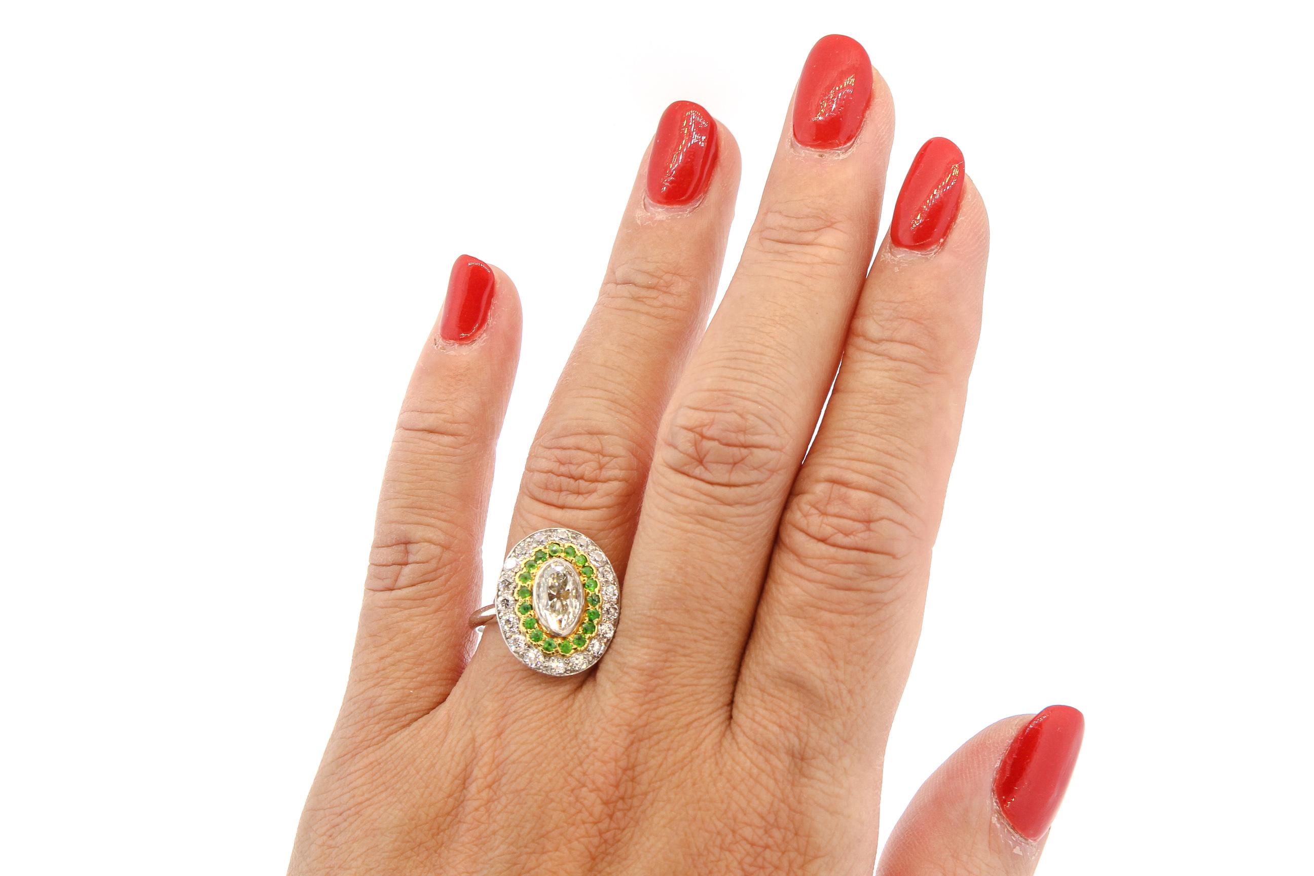 Antique Art Deco Diamond Demantoid Garnet Navette Platinum Ring 4