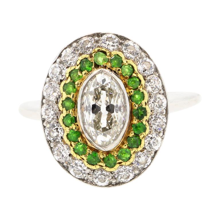 Antique Art Deco Diamond Demantoid Garnet Navette Platinum Ring