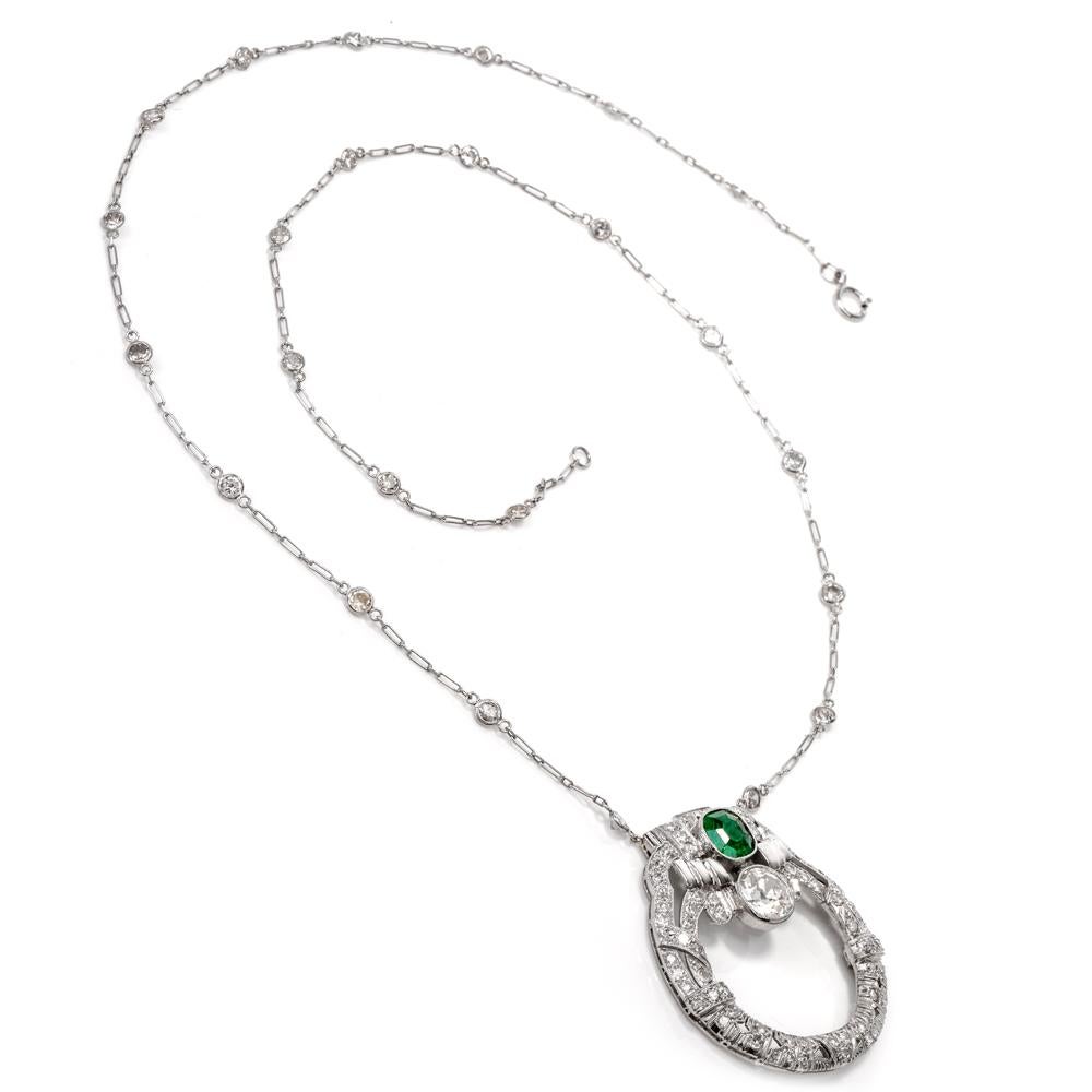 Women's Antique Art Deco Diamond Emerald Circular Pendant Necklace