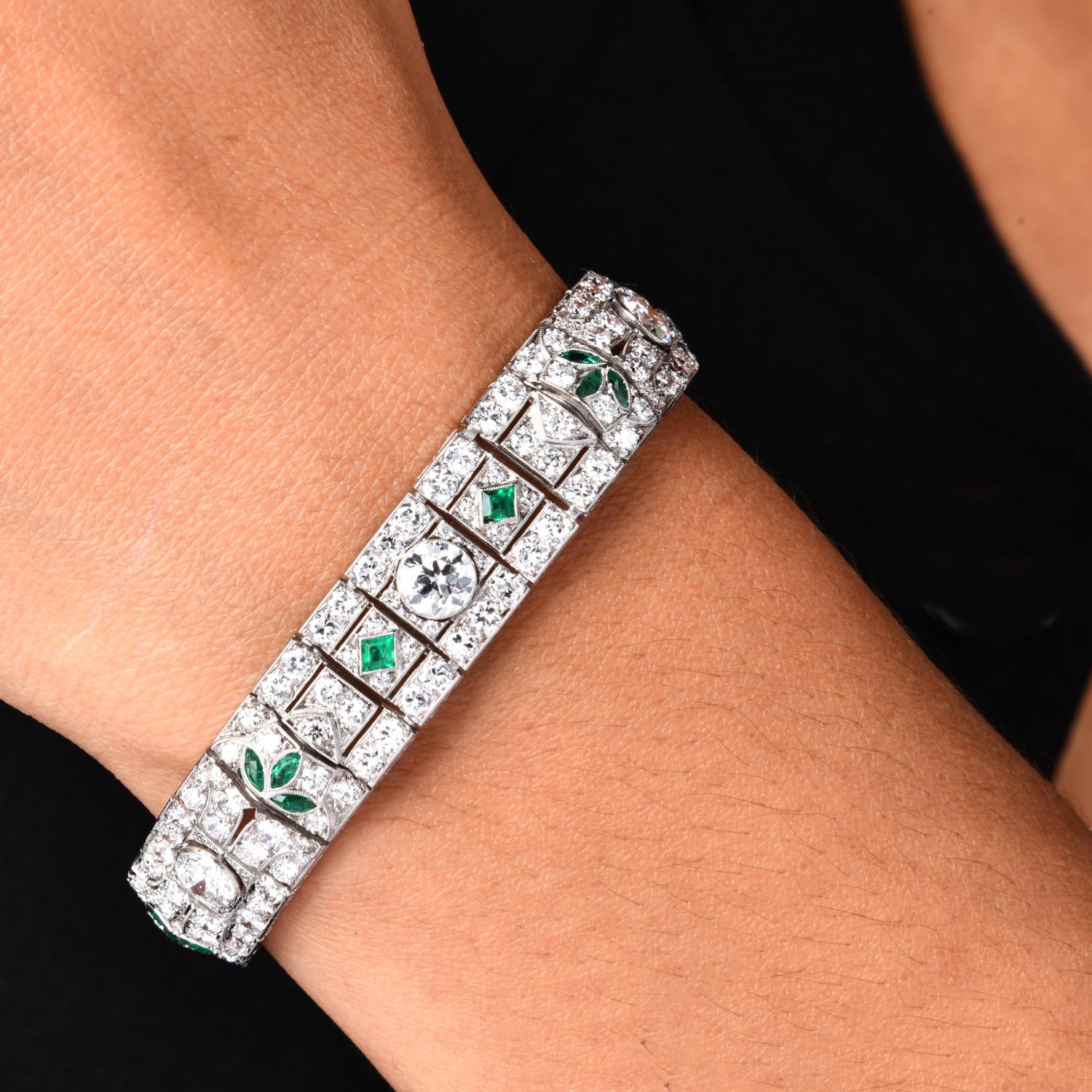 Round Cut Antique Art Deco Diamond Emerald Filigree Platinum Wide Bracelet For Sale