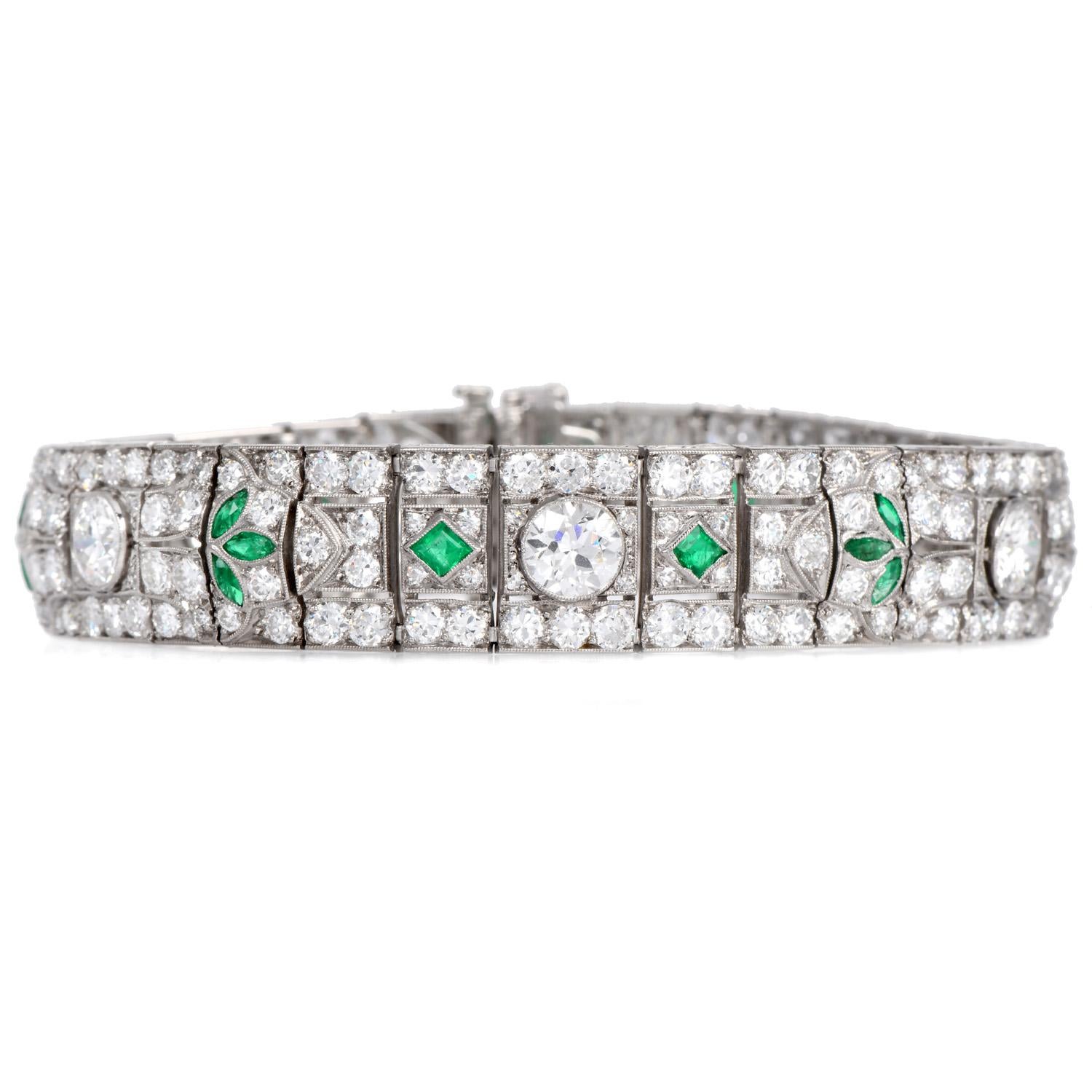 Antique Art Deco Diamond Emerald Filigree Platinum Wide Bracelet In Excellent Condition For Sale In Miami, FL