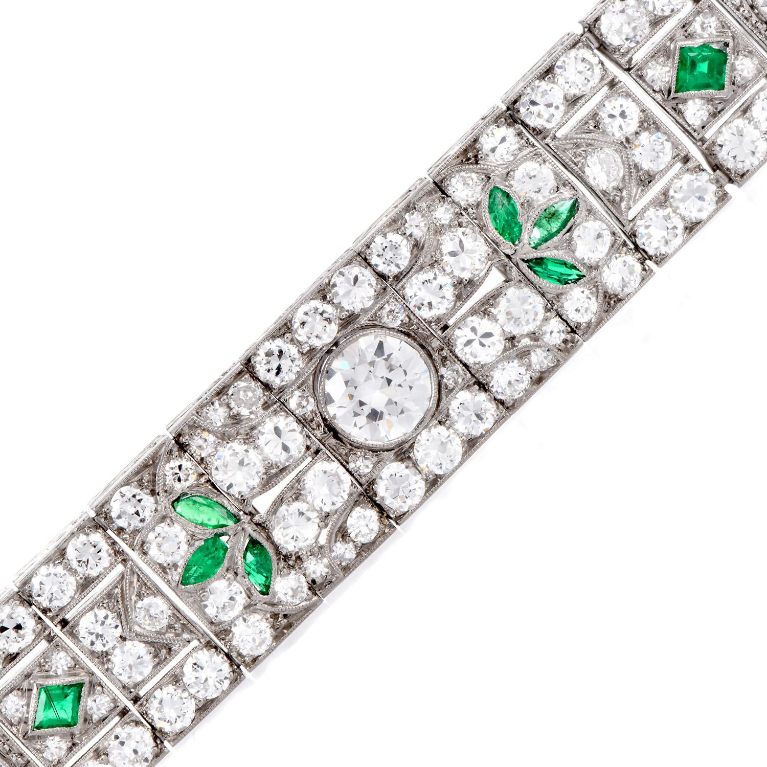 Women's Antique Art Deco Diamond Emerald Filigree Platinum Wide Bracelet For Sale
