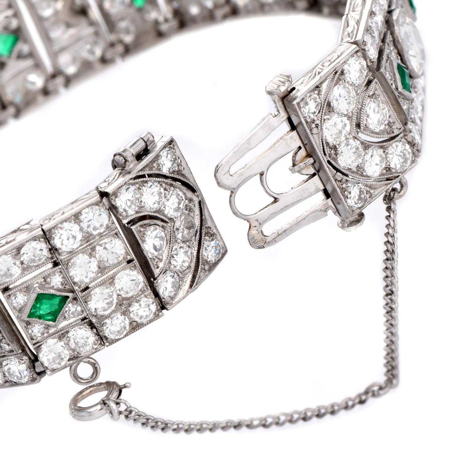 Antique Art Deco Diamond Emerald Filigree Platinum Wide Bracelet For Sale 1