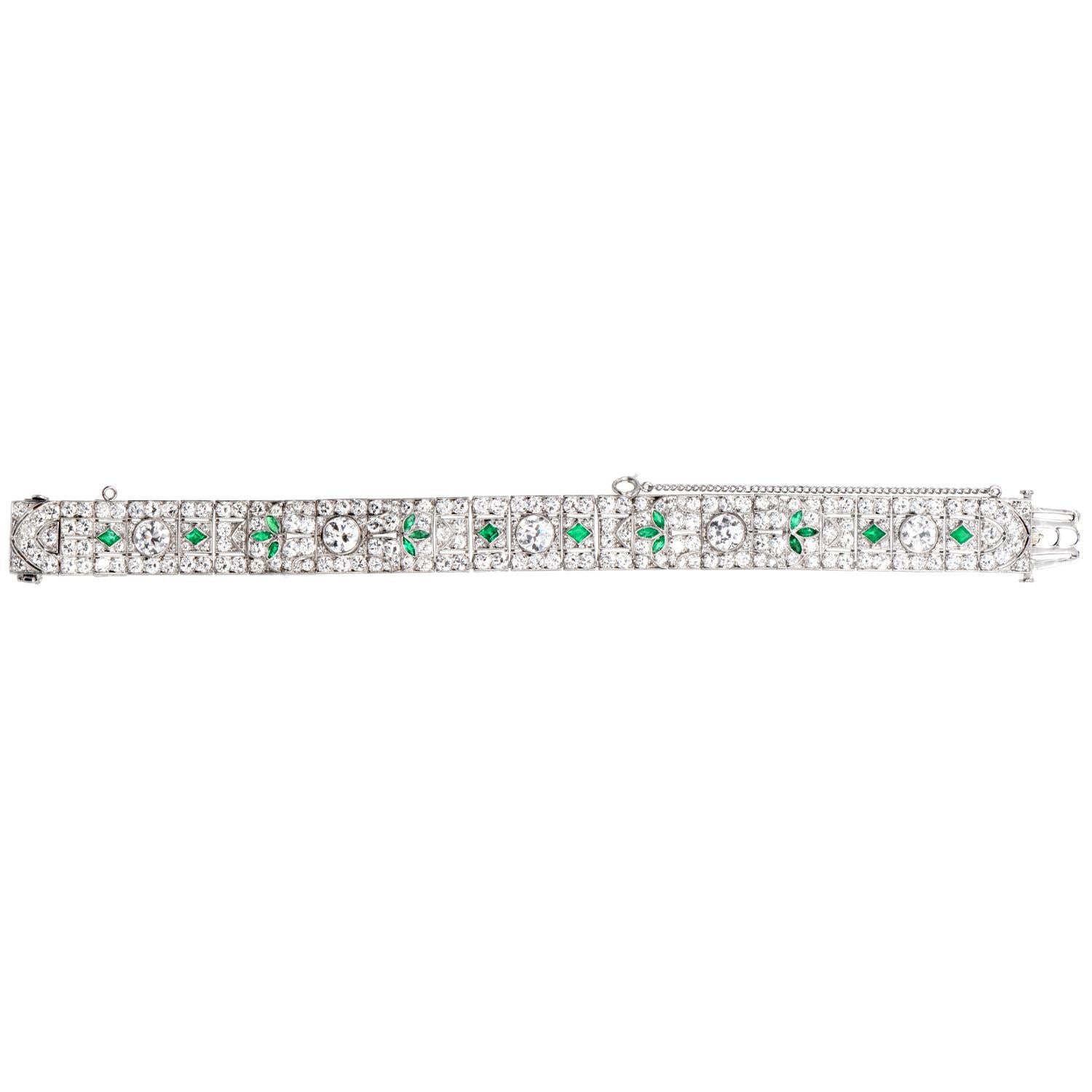 Antique Art Deco Diamond Emerald Filigree Platinum Wide Bracelet For Sale 2