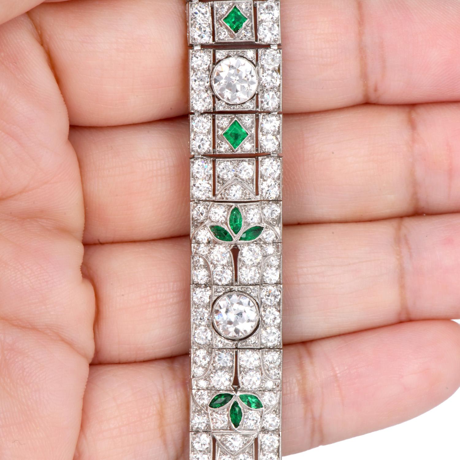 Antique Art Deco Diamond Emerald Filigree Platinum Wide Bracelet For Sale 3
