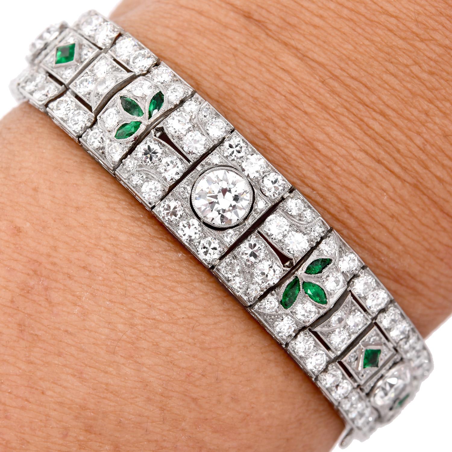 Antique Art Deco Diamond Emerald Filigree Platinum Wide Bracelet For Sale 4