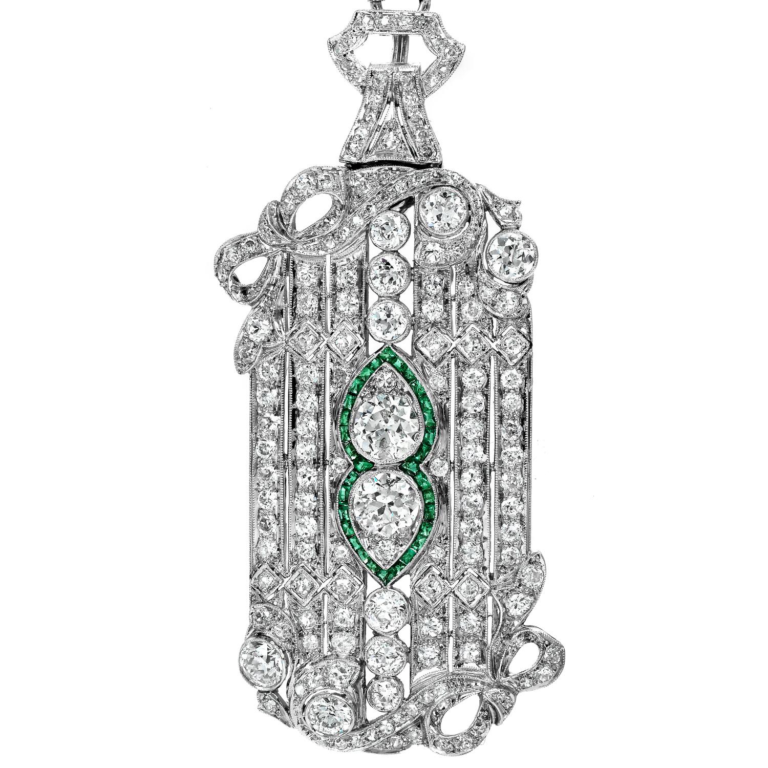 Round Cut Antique Art Deco Diamond Emerald Platinum Bow Brooch Pendant Necklace For Sale