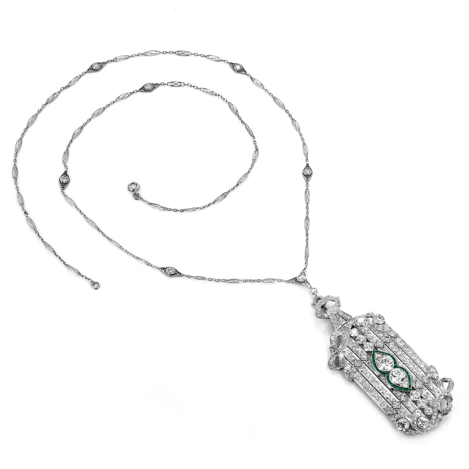 Women's Antique Art Deco Diamond Emerald Platinum Bow Brooch Pendant Necklace For Sale