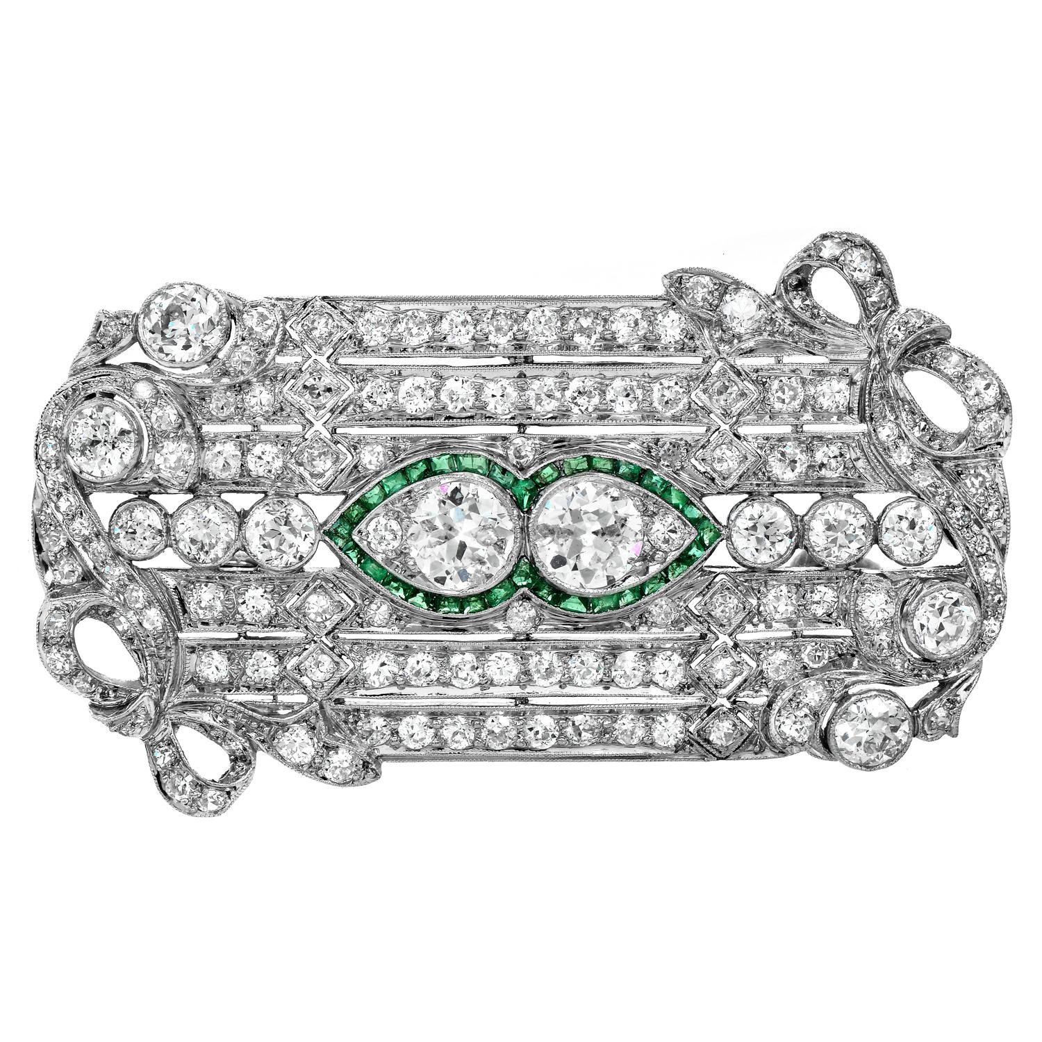 Antique Art Deco Diamond Emerald Platinum Bow Brooch Pendant Necklace For Sale 1