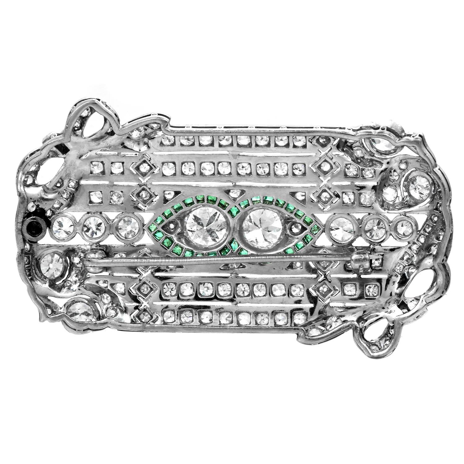 Antique Art Deco Diamond Emerald Platinum Bow Brooch Pendant Necklace For Sale 2