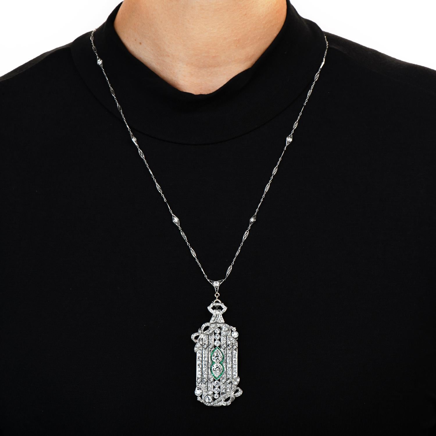 Antique Art Deco Diamond Emerald Platinum Bow Brooch Pendant Necklace For Sale 4